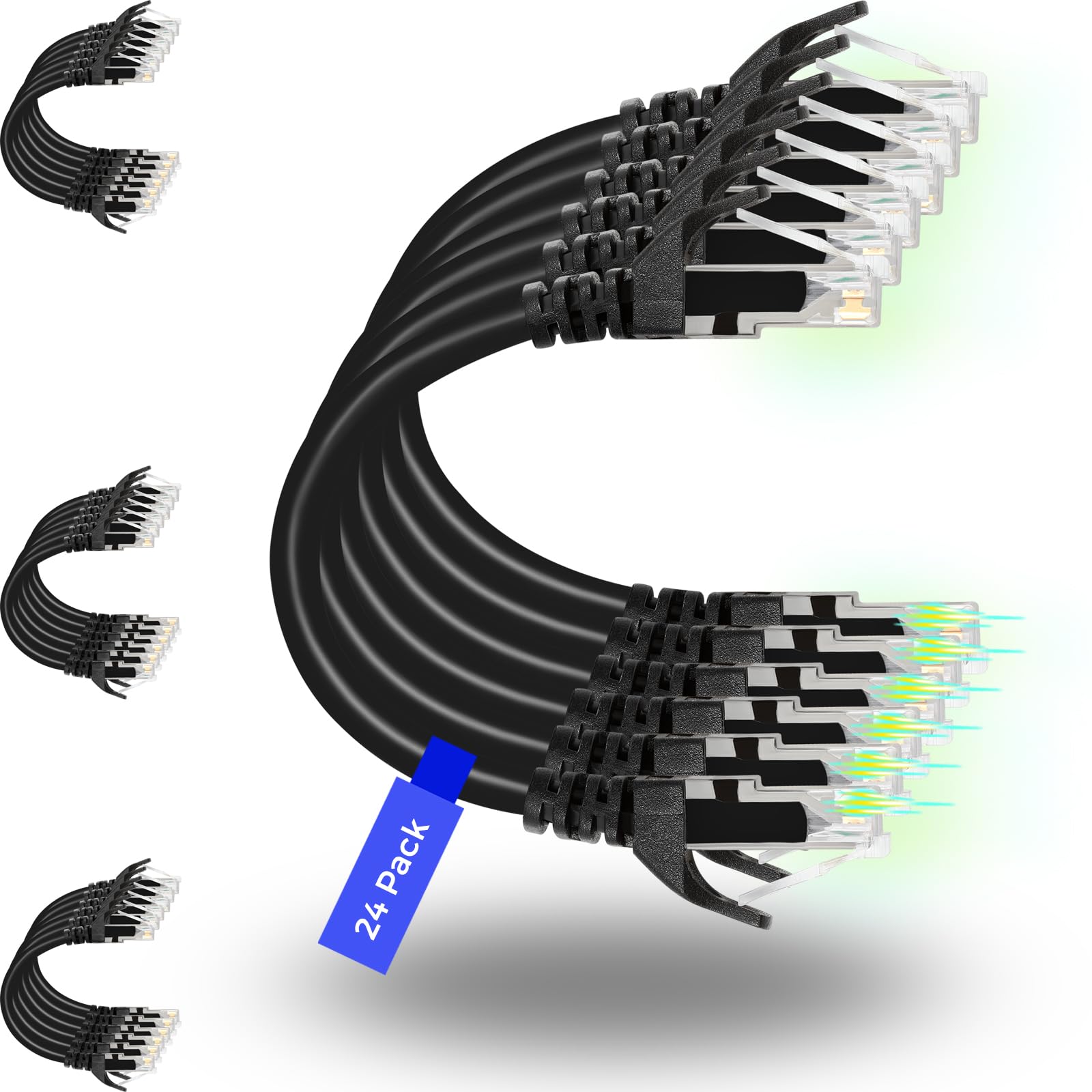 Rapink Patch Cables Cat6 10Ft (24 Pack), Ethernet Patch Cable 10G, Cat 6 Patch Cable For Patch Panel To Switch, Flexiable Cat 6 Ethernet Cable With Gold Plated Black