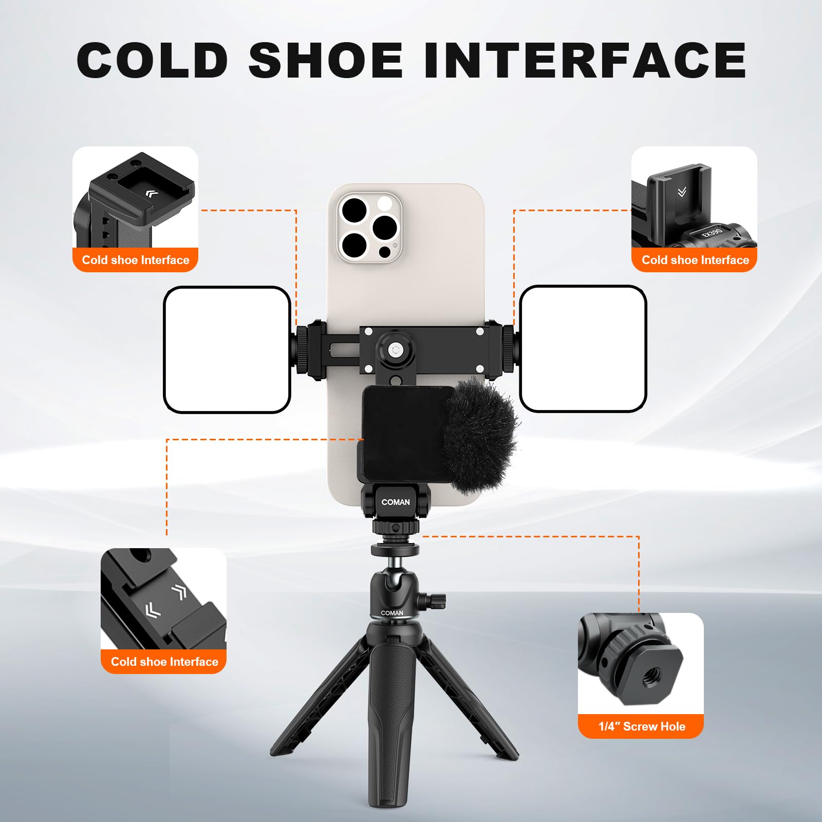 Metal Phone Tripod Mount - Holder Stand With 3 Cold Shoes & Arca Port, Universal Smartphone Mount Adapter, 360 Rotates Adjustabl