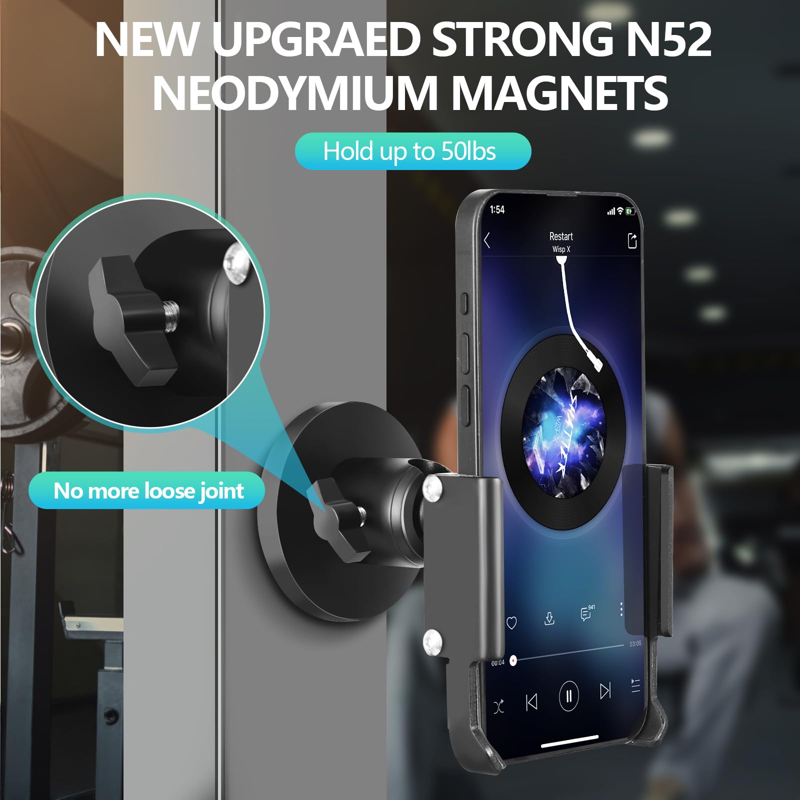 Vinkqiado Gym Magnetic Phone Holder, All Metal Magnet Base Phone Mount For Gym Equipment, Tractor, Refrigerator, Forklift, Or An