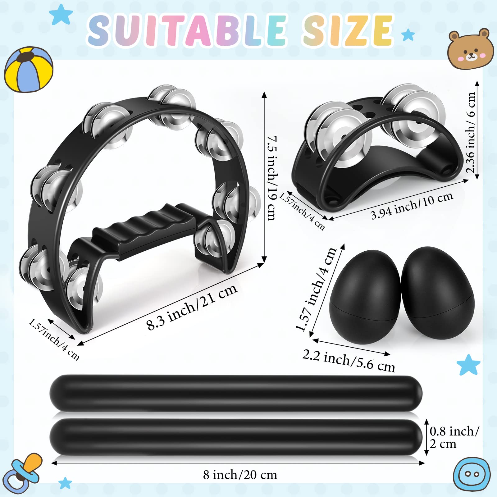 Yeshone 6 Pcs Tambourines For Adults, Hand Held Half Moon Tambourine Foot Tambourine With Bells Wood Rhythm Sticks Egg Shakers M