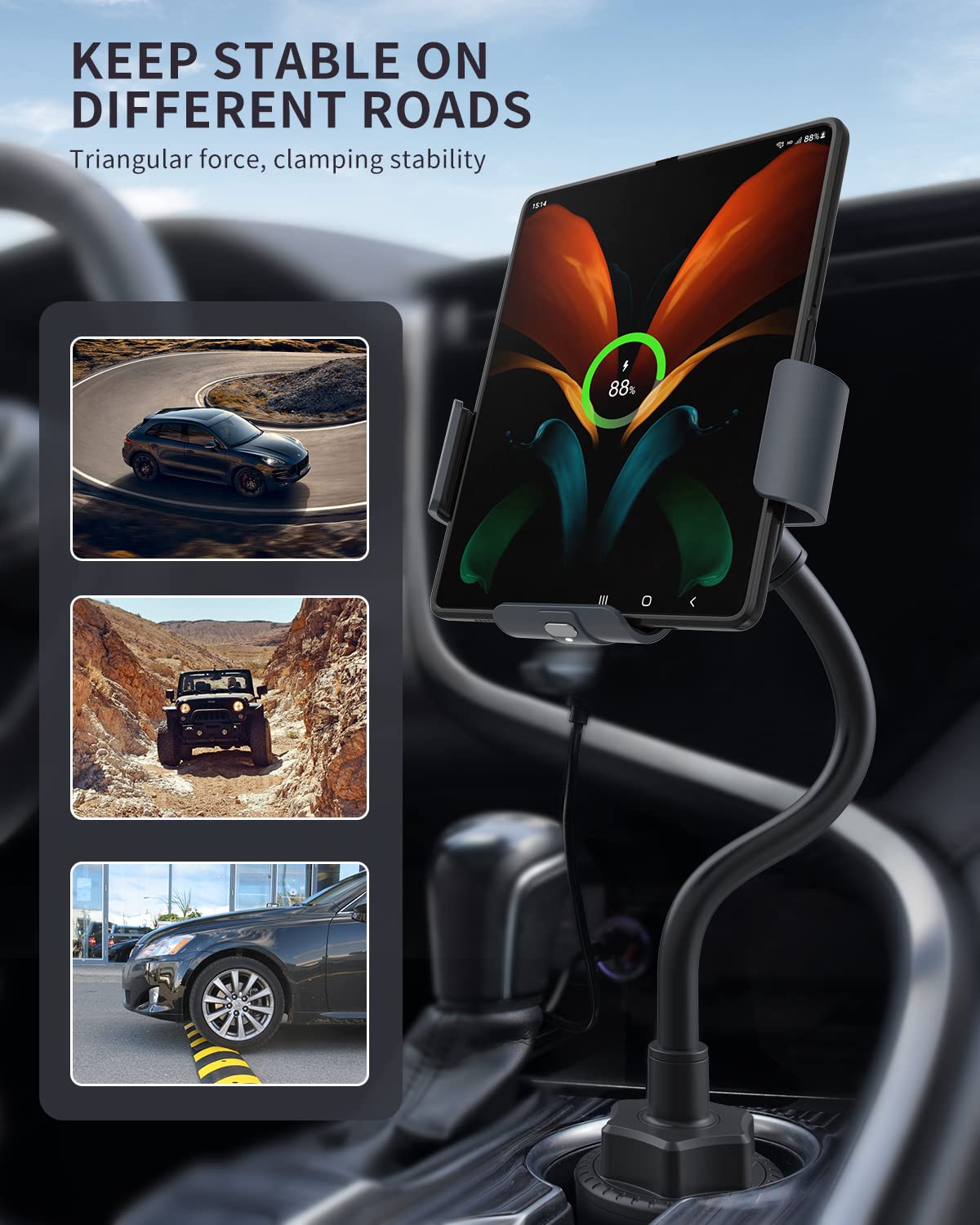 Makaqi Wireless Car Charger For Z Fold 6/5/4/3/2, Dual Coil Cup Holder Phone Mount, Wireless Car Charger For Tesla, Auto Clampin