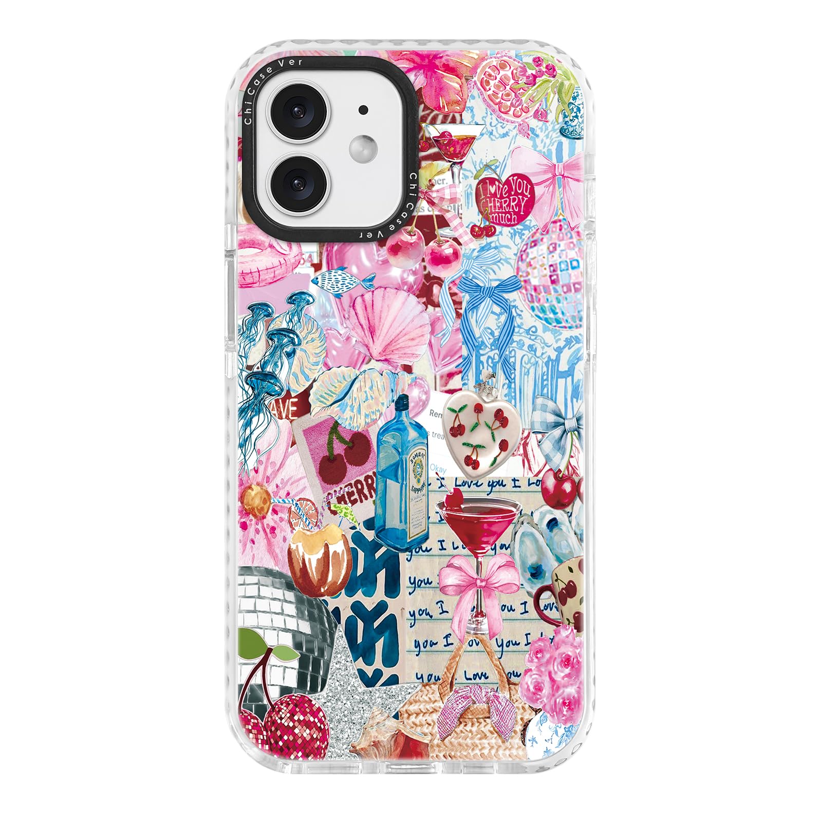 ChiCaseVer for iPhone 12 mini Case, Cherry Love Collage Pattern with Romantic Notes & Seashells, Festive Soft Slim TPU Protectiv