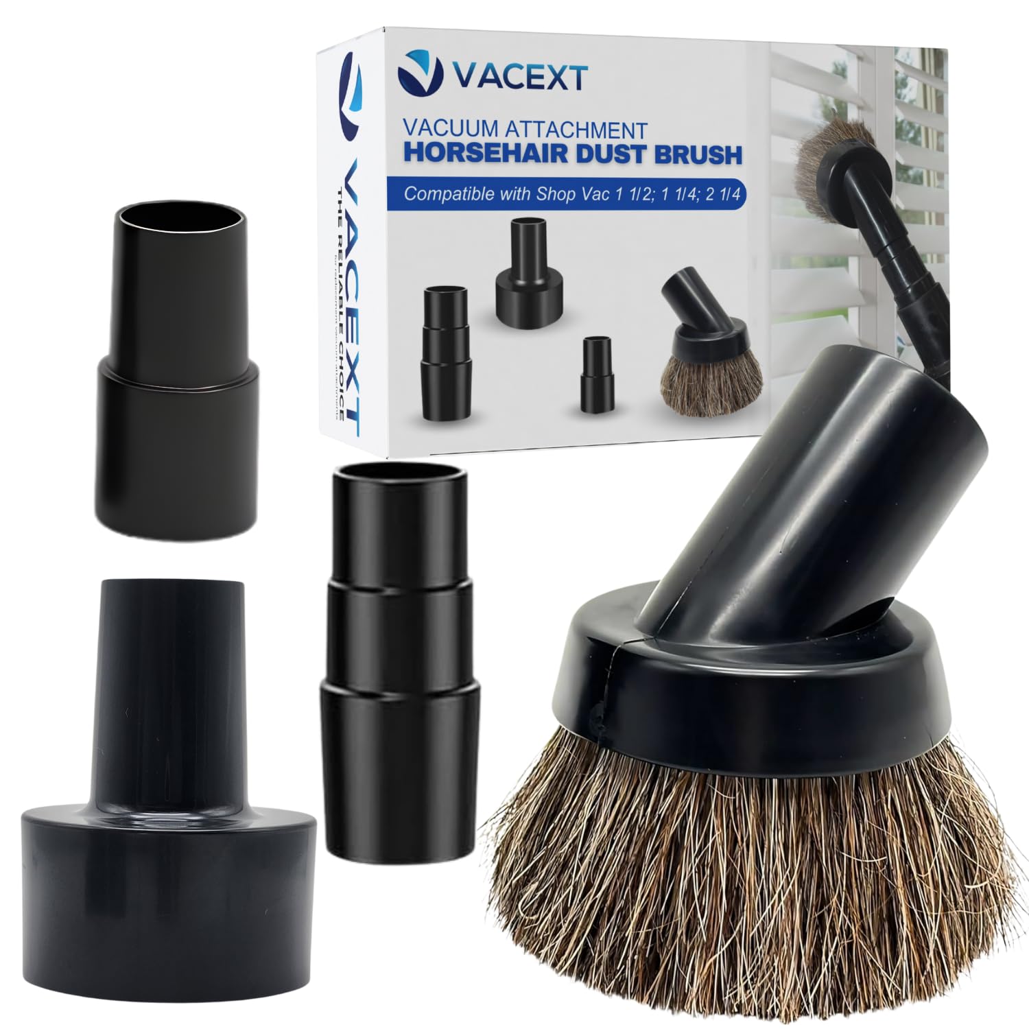 1.25 Inch Premium Soft Horse Hair Vacuum Brush Plus Vacuum Hose Adapter Kit Compatible with Shop Vac Hose 21/2 & 11/4  Va
