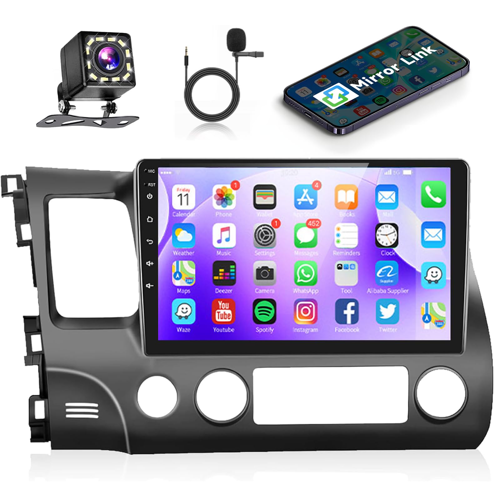 Podofo For Honda Civic 2006 2007 2008 2009 2010 2011 Car Stereo Radio 10.1 Inch Android Touch Screen Bluetooth Car Radio Audio With Gps Navigation Wifi Mirror Link Eq Fm/Rds Backup Camera