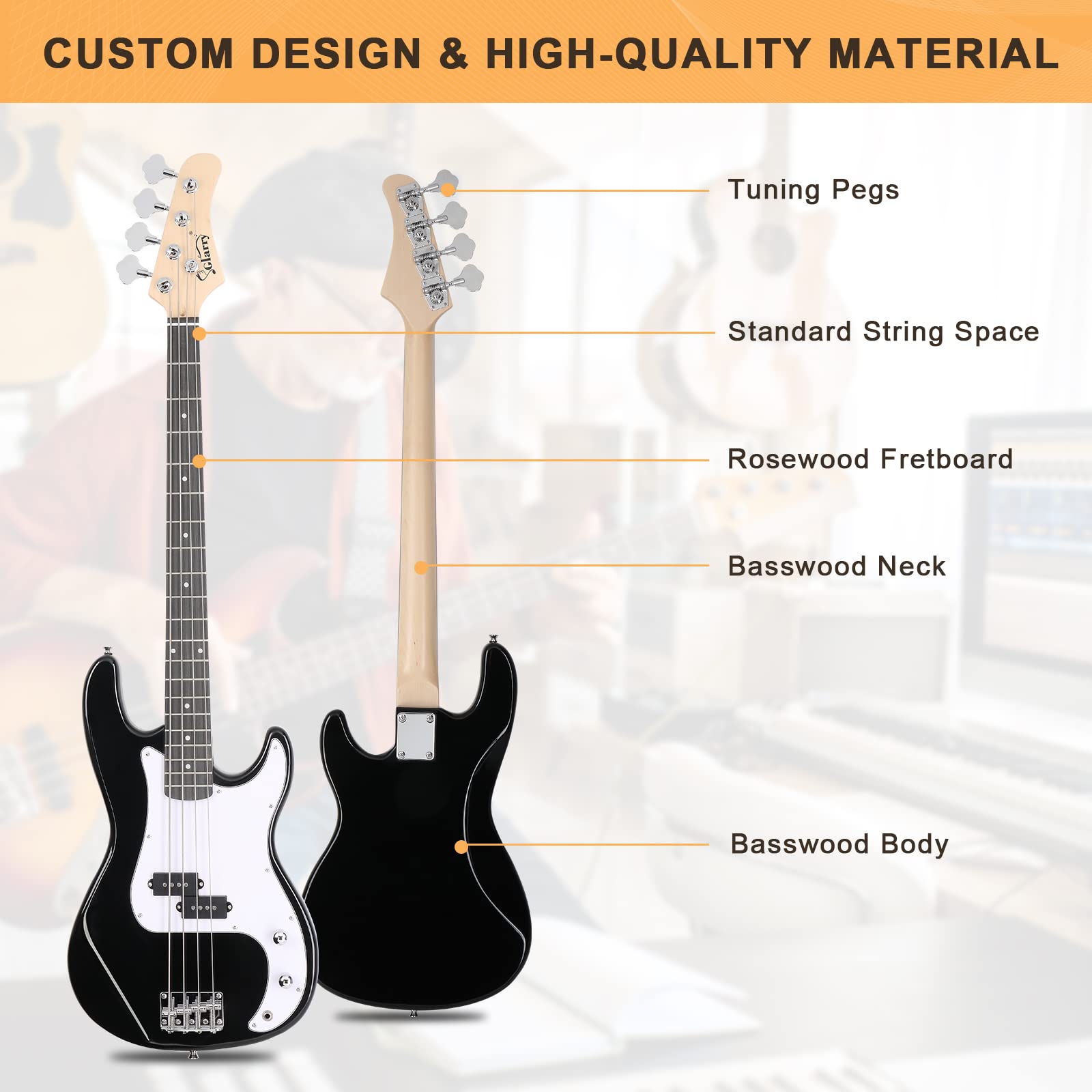 Glarry Full Size Electric Bass Guitar Beginner Kit 4 String With Amp, Cable, Strap, Bag And Accessories (Black)