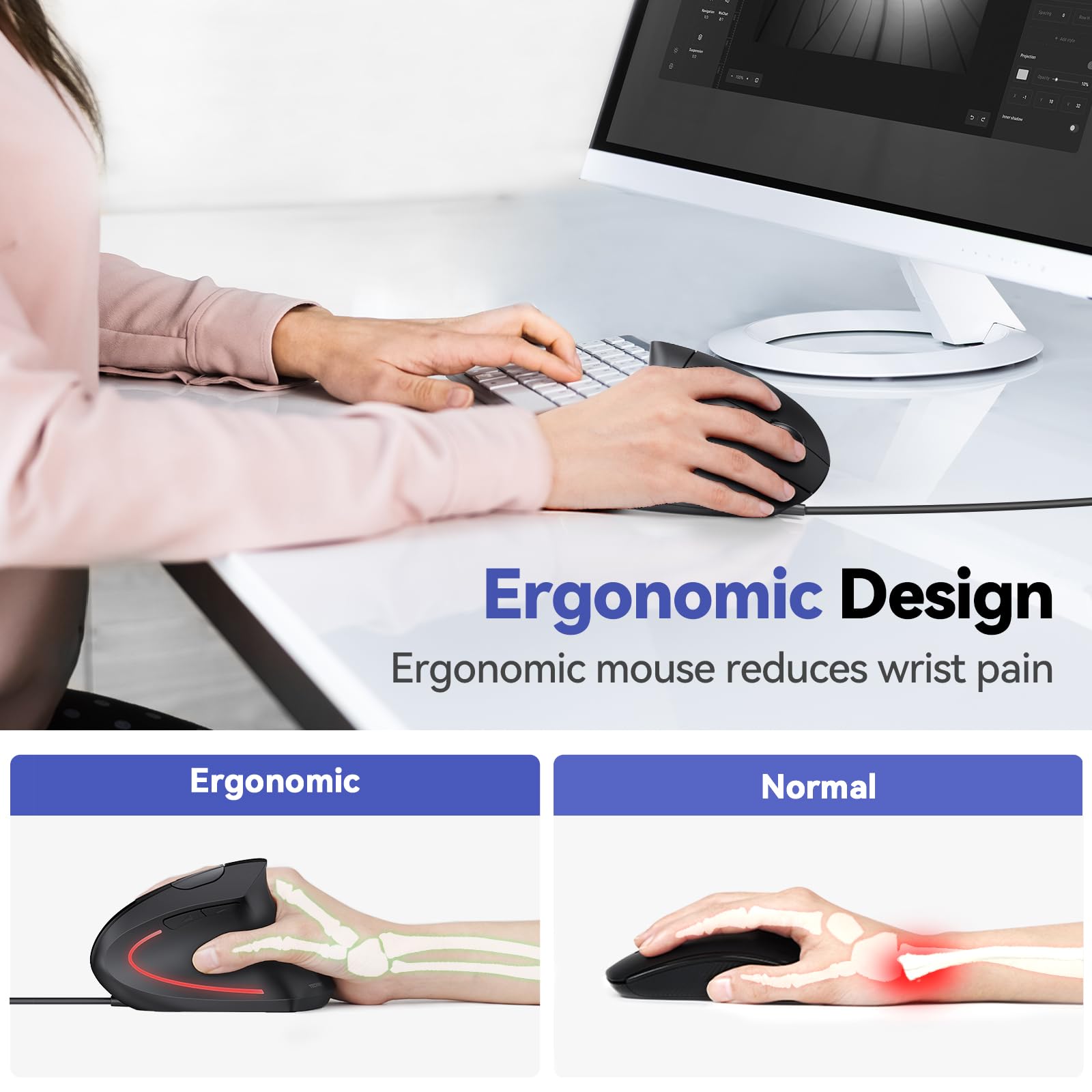 TECKNET Wired Ergonomic Mouse, 6400 DPI, 6 Silent Buttons, Adjustable DPI, Black - Compatible with Windows/Chrome/Laptop/Computer