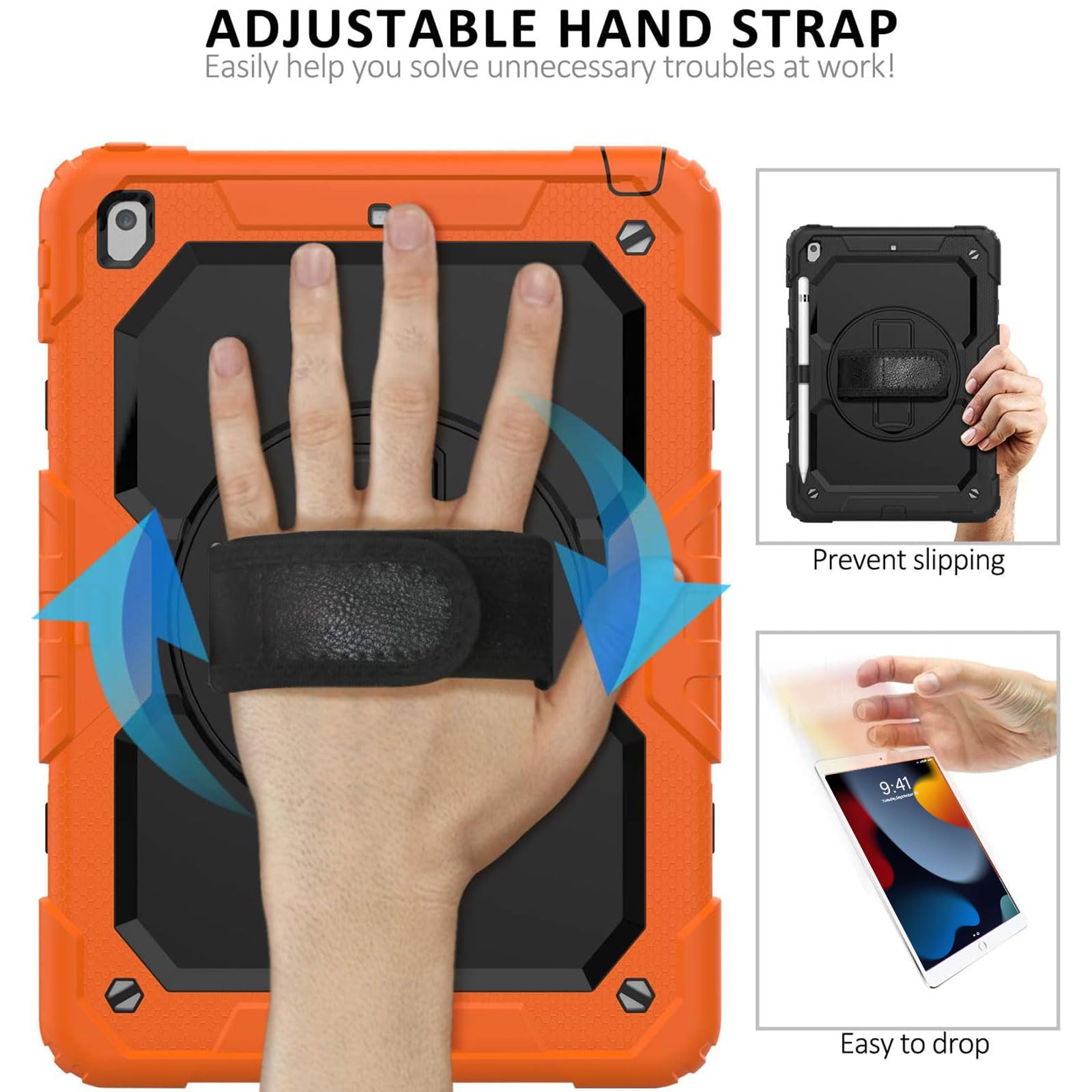 Ipad 9Th/8Th/7Th Generation Case, Ipad 10.2 Case 2021/2020/2019, [Kids Proof] Ambison Full Body Protective Case With 9H Tempered Glass Screen Protector, Rotatable Kickstand/Hand Strap (Orange & Black)