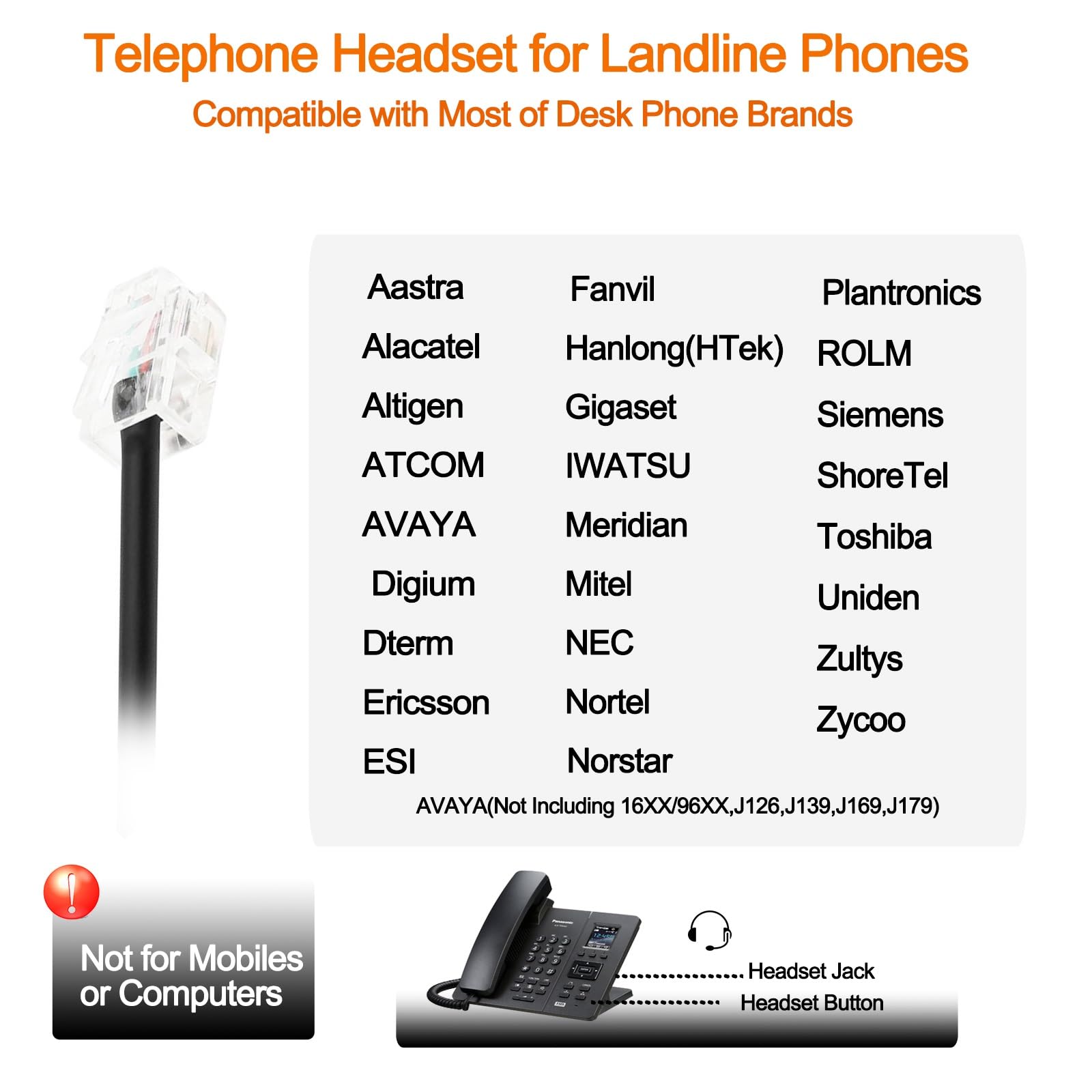 Corded Telephone Headset With Noise Cancelling Mic, Call Center Office Headset With U10P Bottom Cable Rj9 Plug Works For Polycom