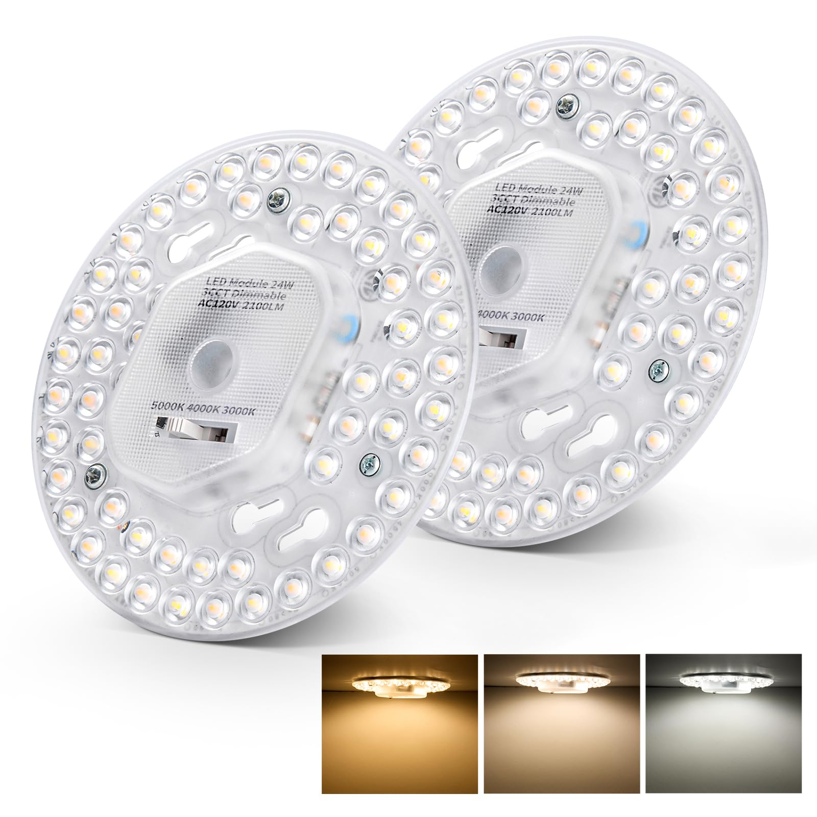 Tomosu 2 Pack Ceiling Fan LED Light Replacement, 5.1 inch 24W 2100LM, 3CCT 3000K/4000K/5000K Dimmable, Ceiling Fan LED Light Kit