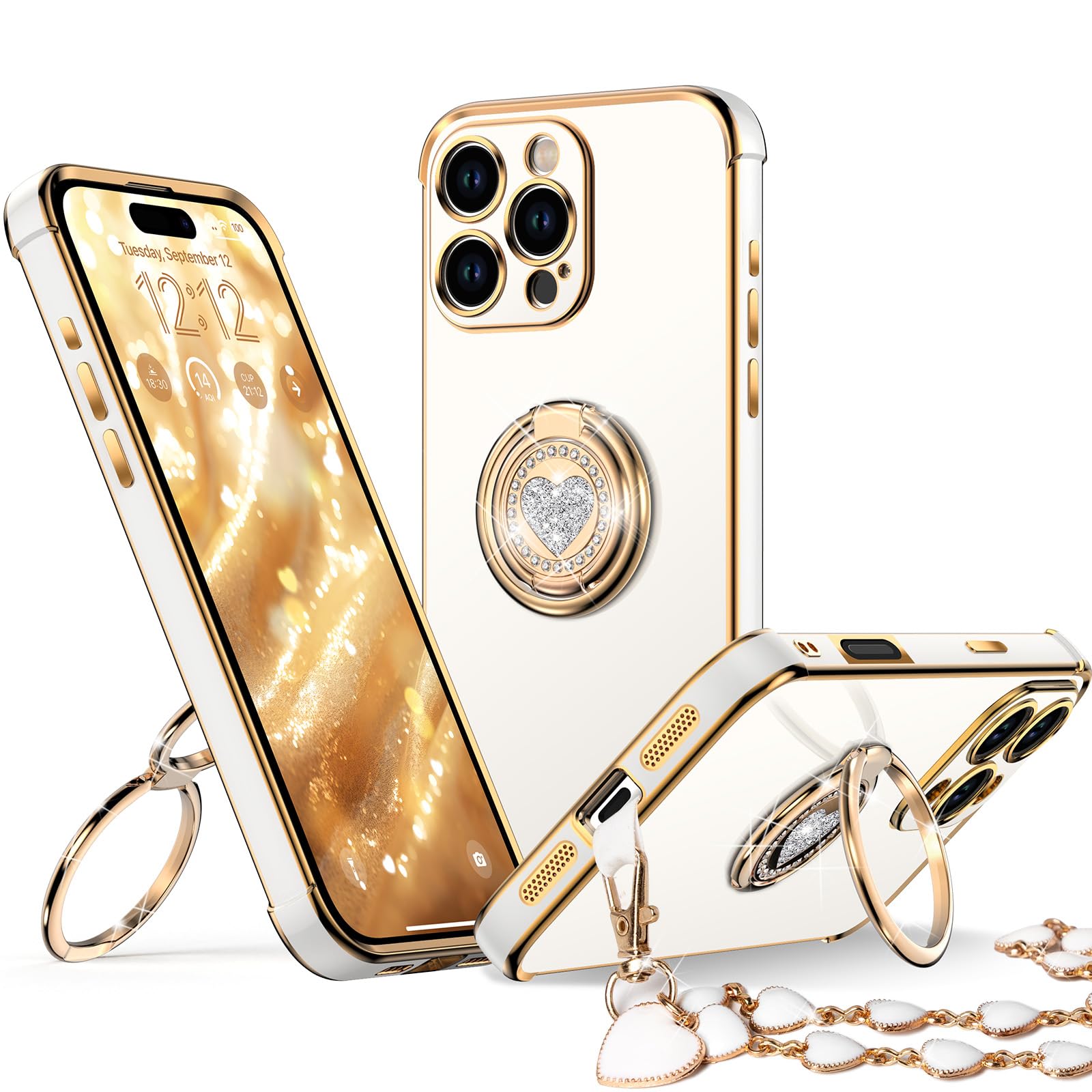 Xyz For Iphone 16 Pro Max Case With Stand, Phone Case With Double Ring Kickstand, Women Girls Bling Luxury Protective Case Heart