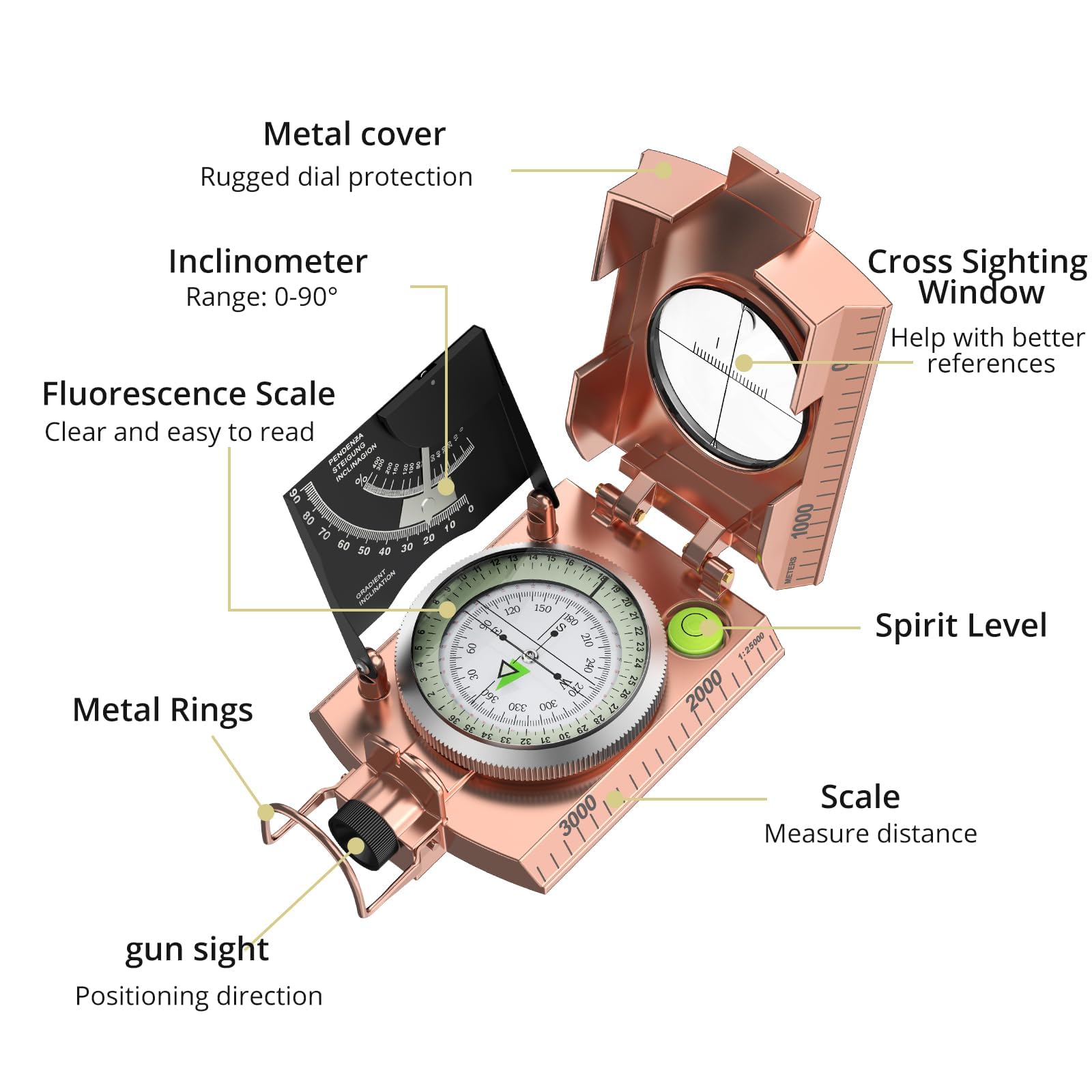Anbte Hiking Compass, Ip65 Waterproof Metal Compass With Sighting Clinometer, Compass Hiking Survival With Carry Bag Multifuncti