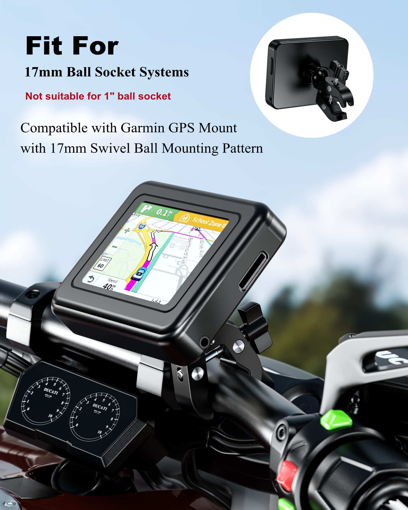 Brcovan Aluminum Alloy Handlebar Clamp Mount Base With 17Mm Tpu Ball For Rails 0.5'' To 2'' In Diameter, Compatible With Garmin