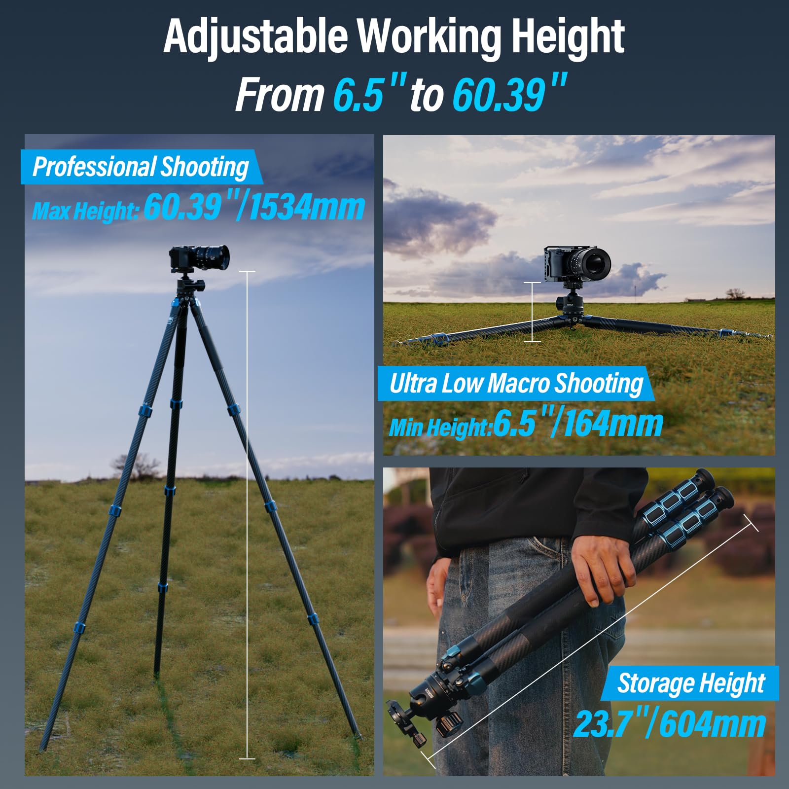 Sirui Am 324 Professional Camera Tripod With Am 40 Low Gravity Ball Head, 60.4� Carbon Fiber Heavy Duty Tripod For Mirrorless Camera, Dslr, 4 Sections, 32Mm Max Tube, Max Load 39.8Lb/18Kg