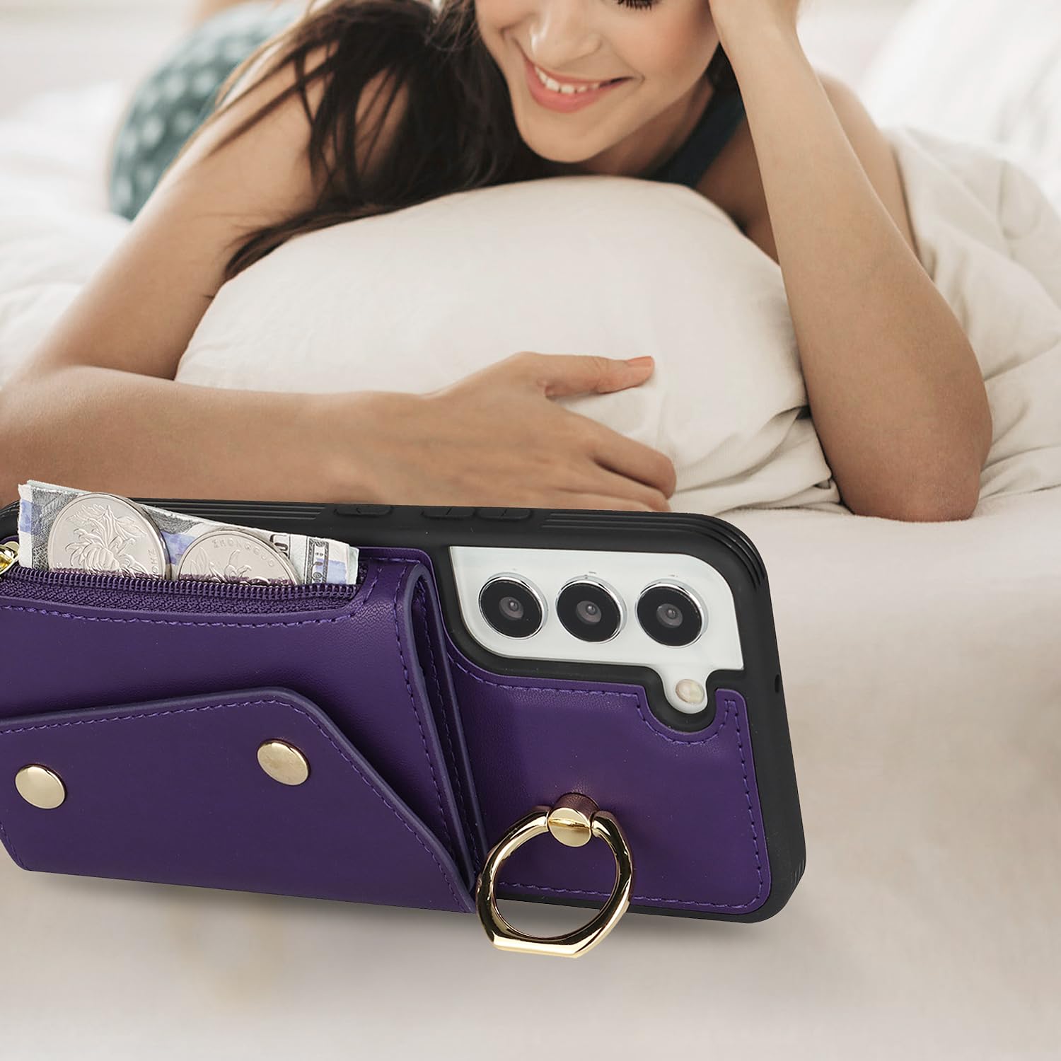 Lipvina For Samsung Galaxy S22 Case With Card Holder And Strap - Zipper Pocket,Crossbody Lanyard Strap,Credit Card Holder,Stand