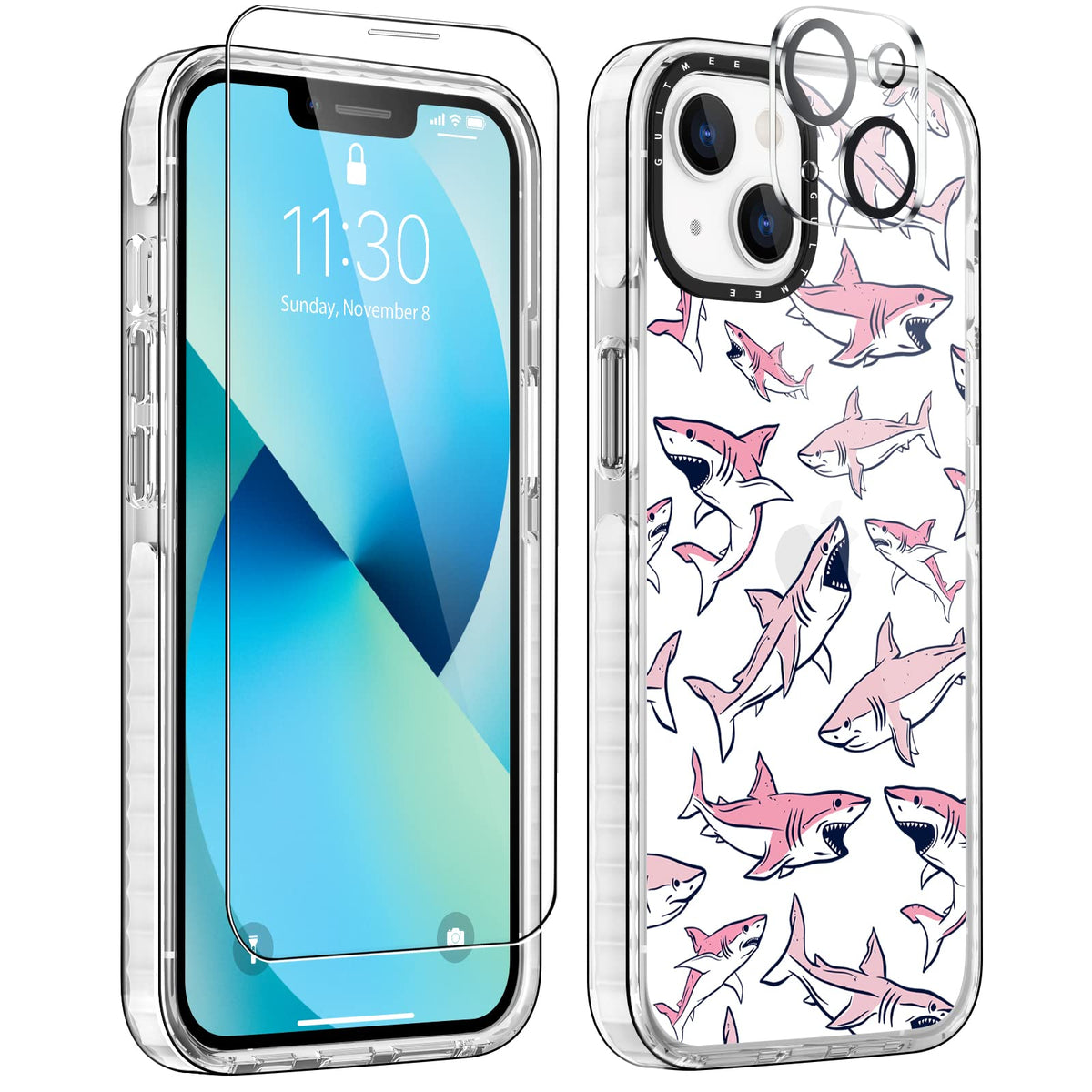 Gultmee [3 In 1 Iphone 13 Case 6.1 Inch With Tempered Glass Screen Protector,Cute Pink Sharks Print Slim Design With Shockproof 