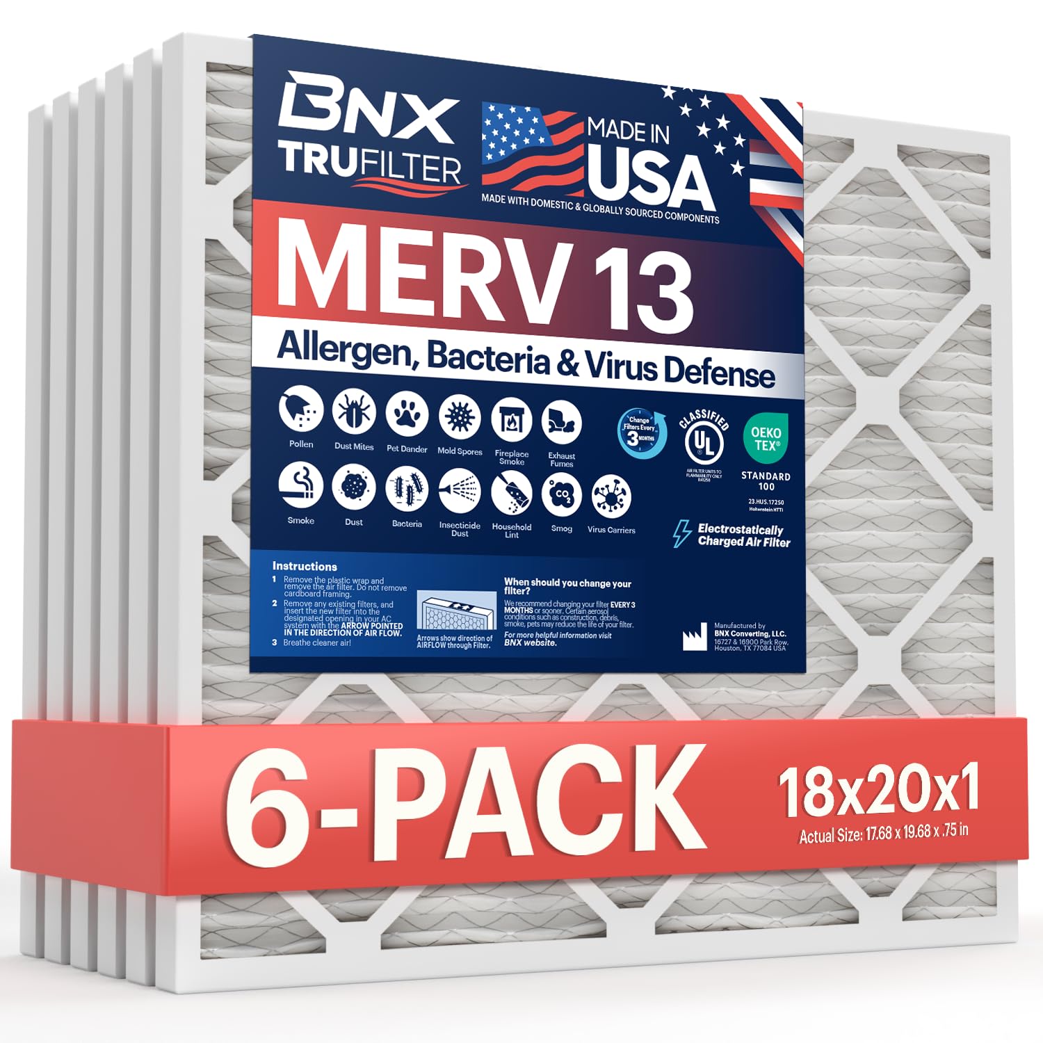 BNX TruFilter 18x20x1 Air Filter MERV 13 (6-Pack) - MADE IN USA - Electrostatic Pleated Air Conditioner HVAC AC Furnace Filters 