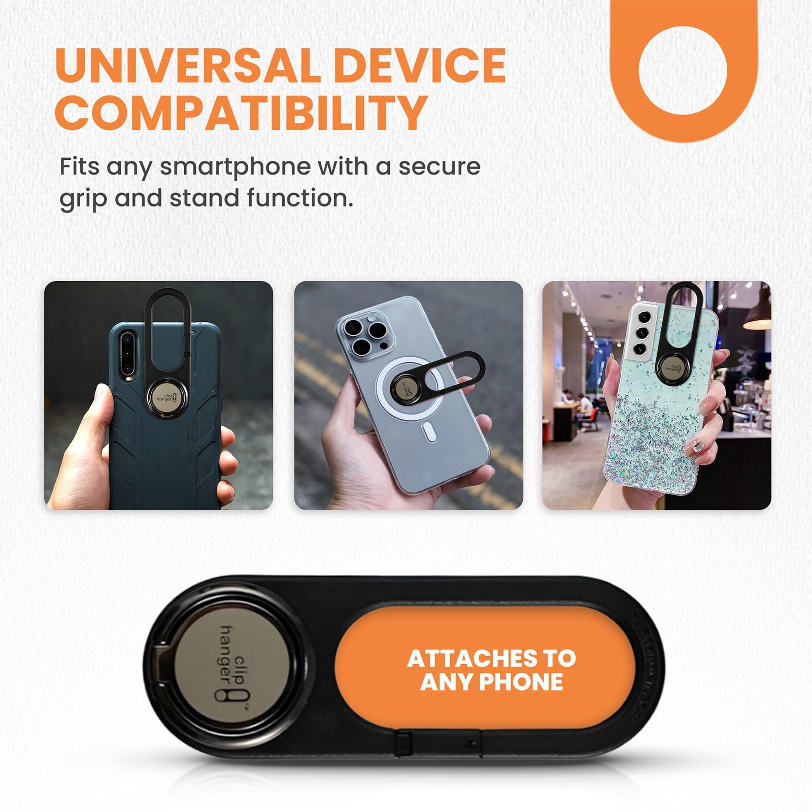 Cliphanger Pivit With Black Kickstand Holder & Grip For Hand - Finger Loop For Phone Case - Secure Phone Accessories For Texting