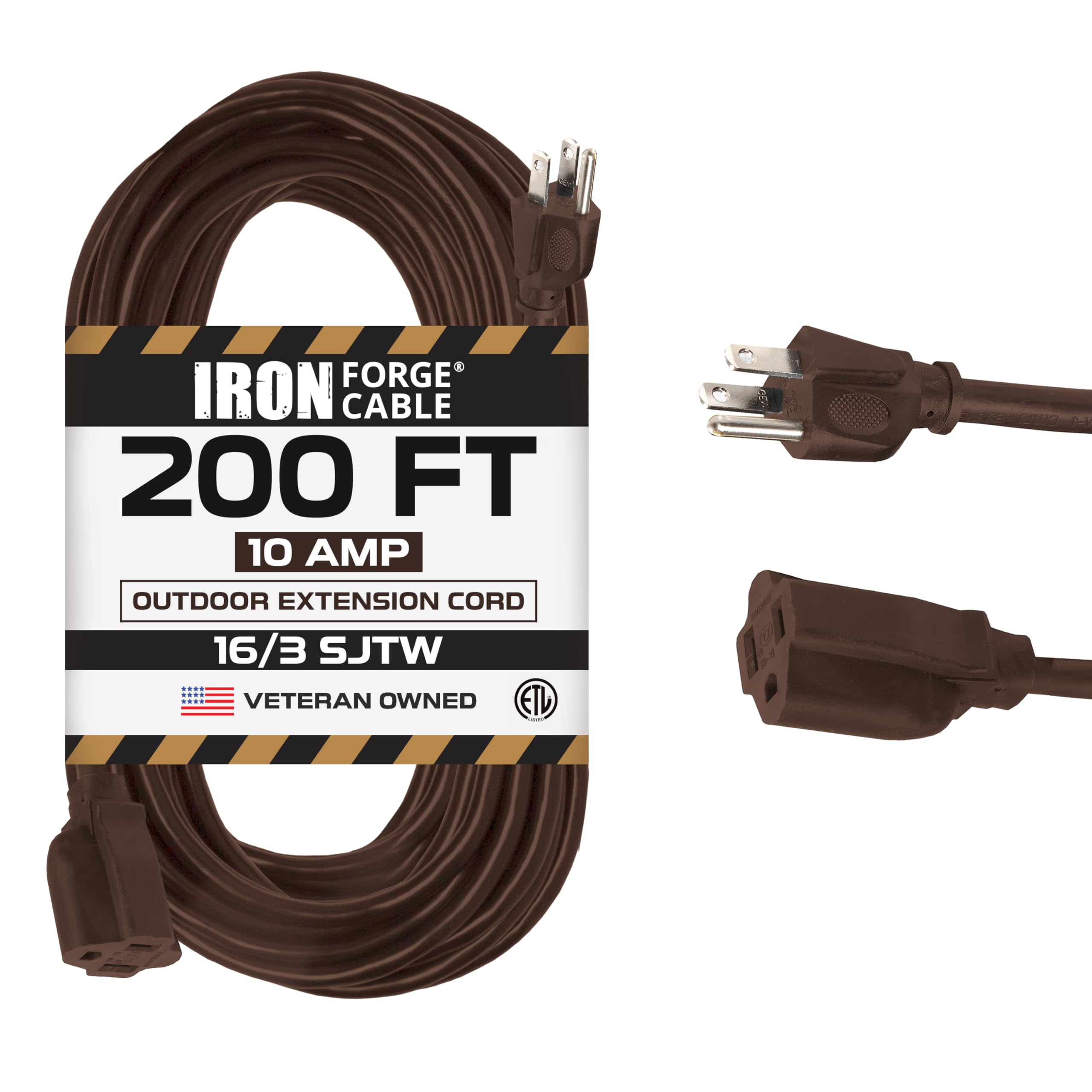 Iron Forge Cable Brown Outdoor Extension Cord 200 Ft, 16/3 Sjtw 200 Foot Dark Brown Exterior Extension Cord 3 Prong, Weatherproo