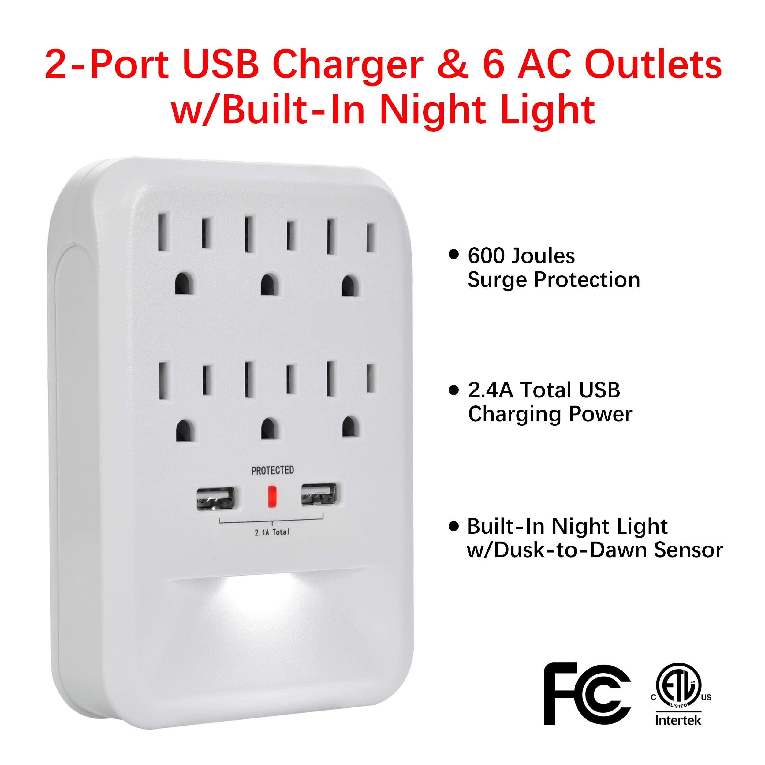 Clear Power 2Pack: 6 Outlet 600 Joule Surge Protector Wall Tap W/2 Port Usb A Charger & Nightlight, Cp30005X2