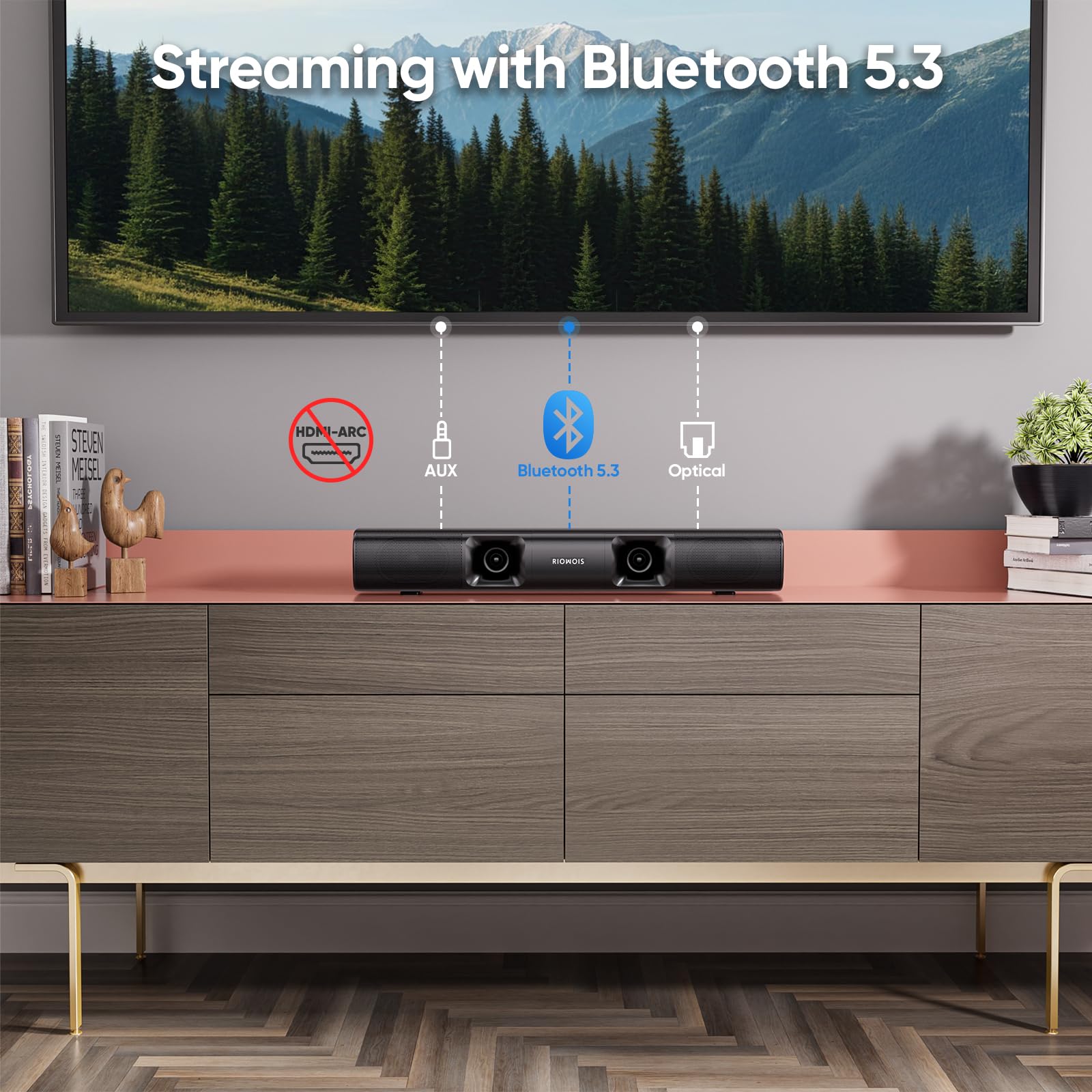 Riowois Sound Bar For Smart Tv, 90W Compact Soundbar Tv Speaker With Subwoofer, 2.1Channel Home Theater Surround Sound System Wi