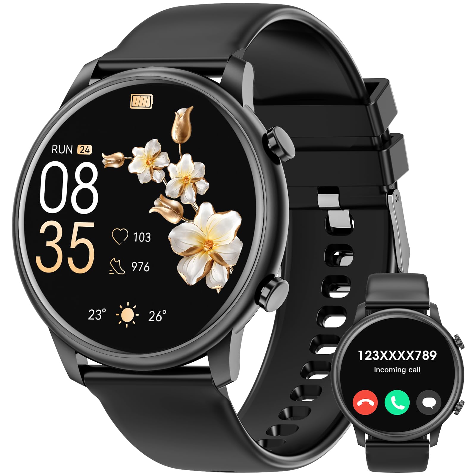 Smart Watches For Men Women Android Phones Iphone Compatible[Make&Answer Calls/Full Screen No Black-Circle],1.39'' Round Sports 