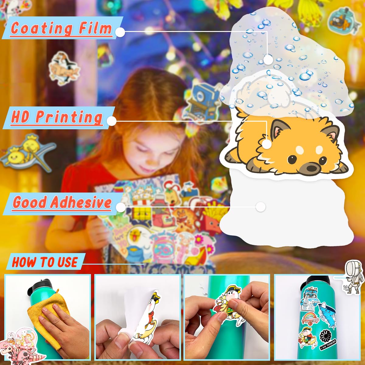 150Pcs Cute Water Bottle Stickers For Teens Kids,Waterproof Vinyl Aesthetic Decals For Laptop Skateboard Phone Car, Stickers Bul