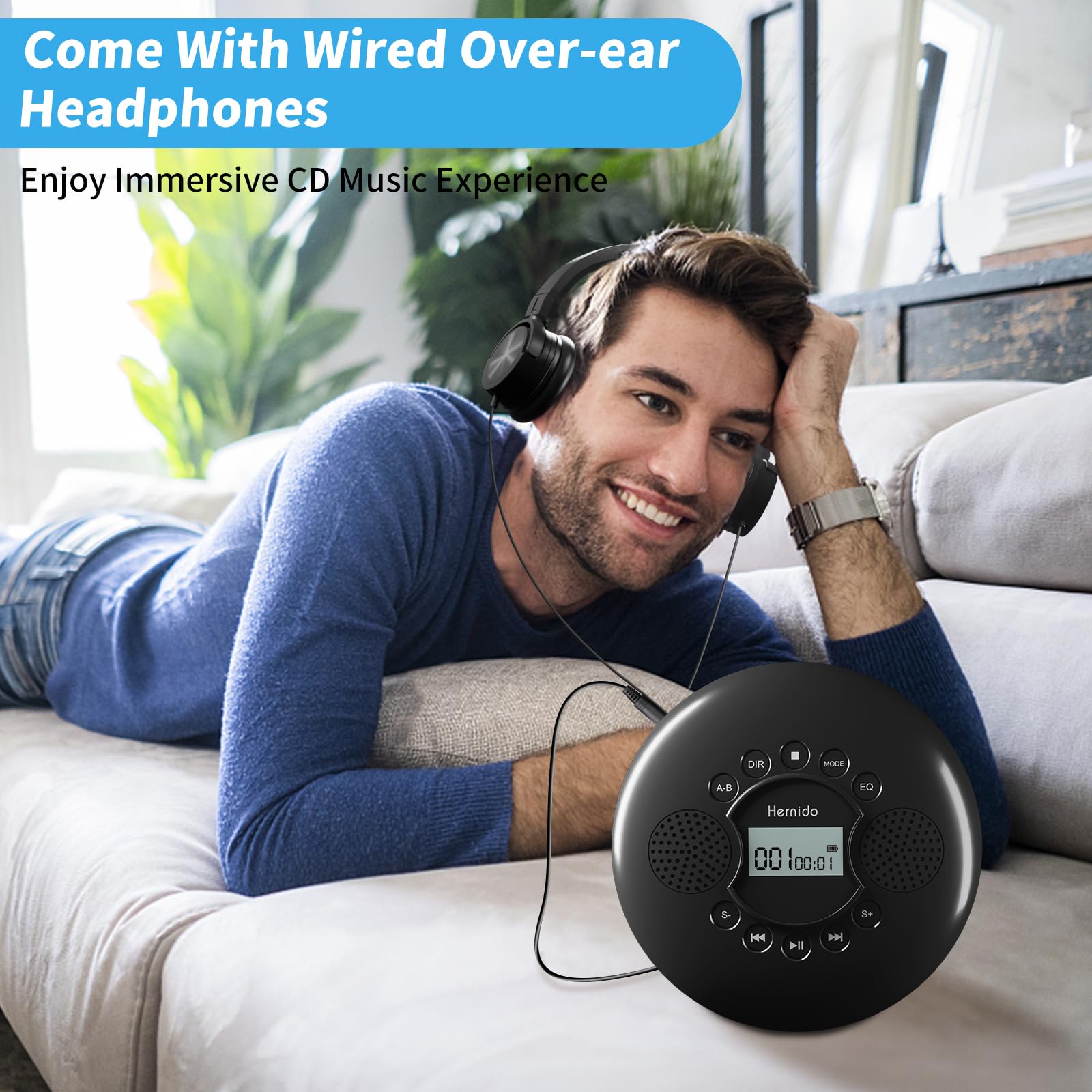 Cd Player Portable, Hernido Portable Cd Player For Car With Stereo Speakers, Rechargeable Walkman Cd Player With Headphone, Aux,