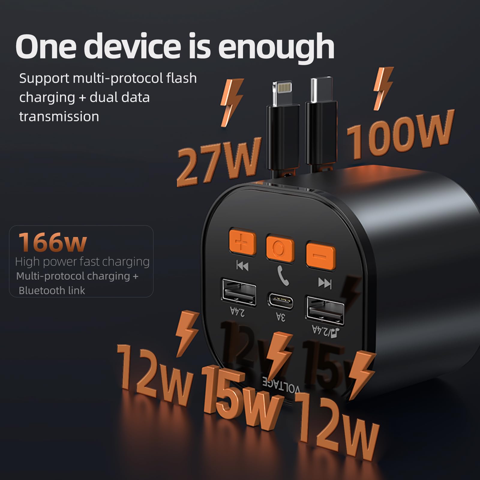 Bluetooth Fm Transmitter, Bluetooth Car Adapter Pd 100W,Retractable Car Charger 166W Fast Charging Built In Dual Retractable Cor