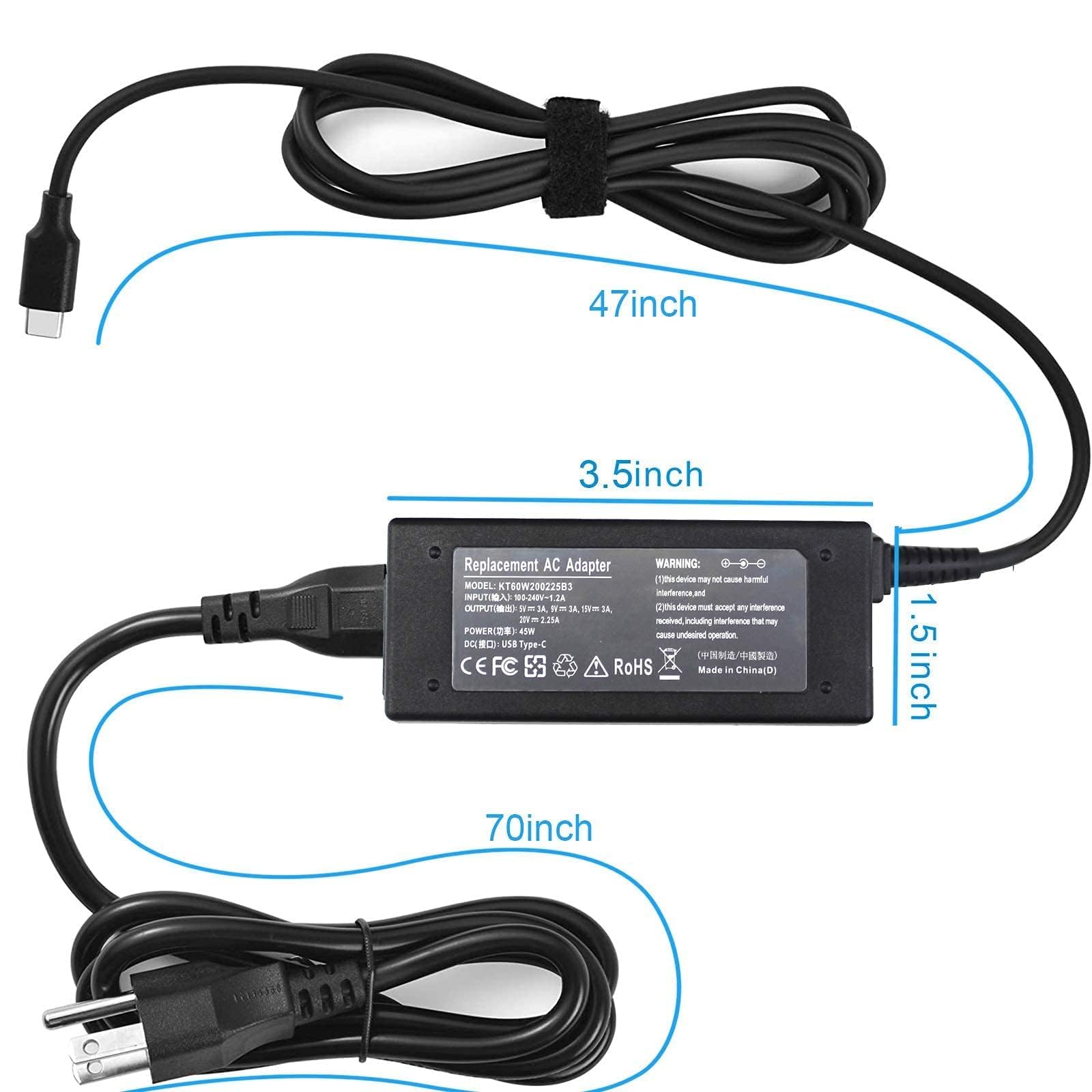 45W Usb C Laptop Charger For Lenovo Yoga C940 C740 S730 720 730 720 13Ikb 730 13Ikb 730S 910 920 920 13Ikb Chromebook C330 S330 T470S T480 T480S T580 T580S E480 E580 X280 P52S 4X20M26268 Power Adapter