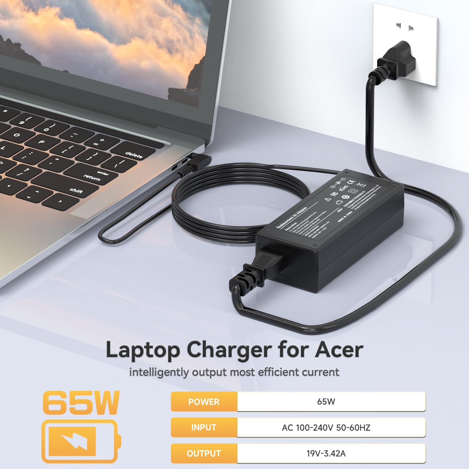 65W Laptop Charger For Acer Chromebook 15 14 13 11 R11 N15Q8, N15Q9, N15Q10, Cb3, Cb5, C720, C720P, C738T, C731, C740; Acer Aspire 3 5, Swift/Spin 1 3 5 Power Supply Cord