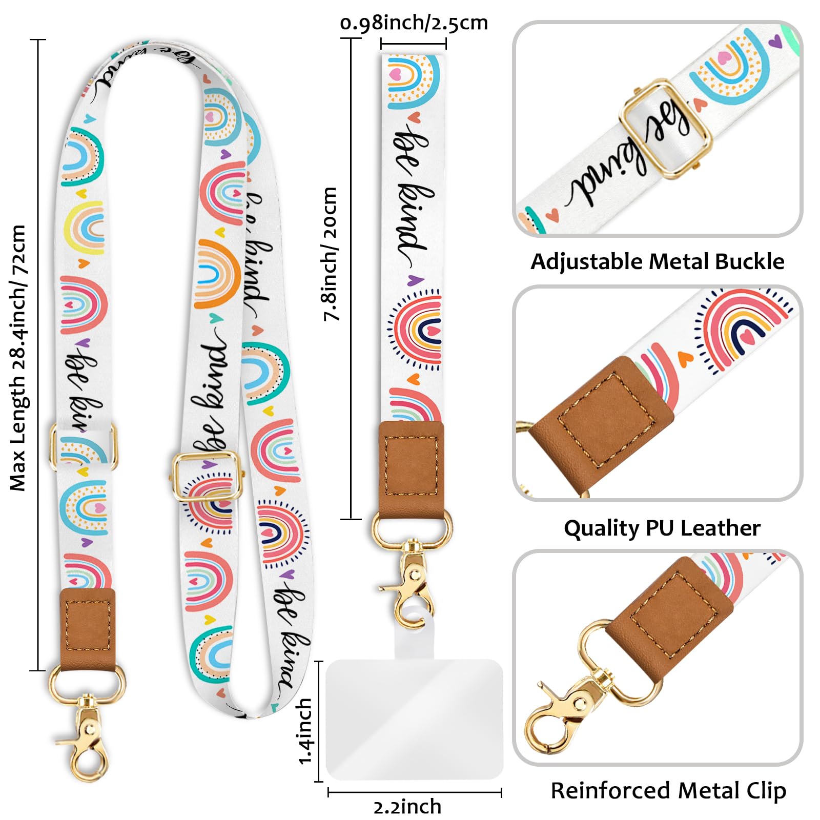 Piefly Phone Lanyard Crossbody Wrist Strap, Be Kind Cell Phone Lanyards For Around The Neck Wristlet Shoulder, Rainbow Cute Phon