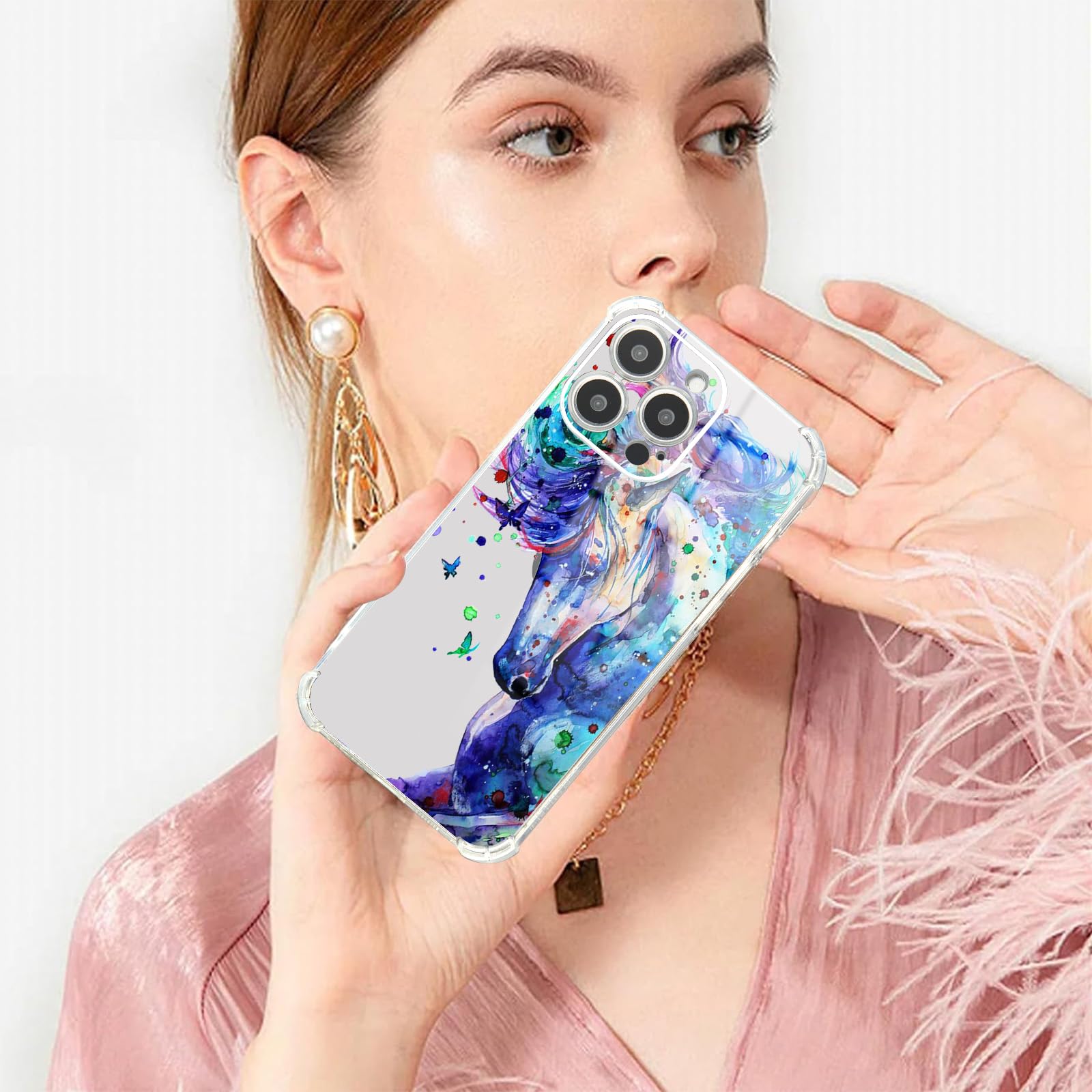 Roemary Purple Case For Iphone 16 Plus With Blue Horse Design,Watercolor Pattern With Screen Protector [Buffertech 6.6 Ft Drop I