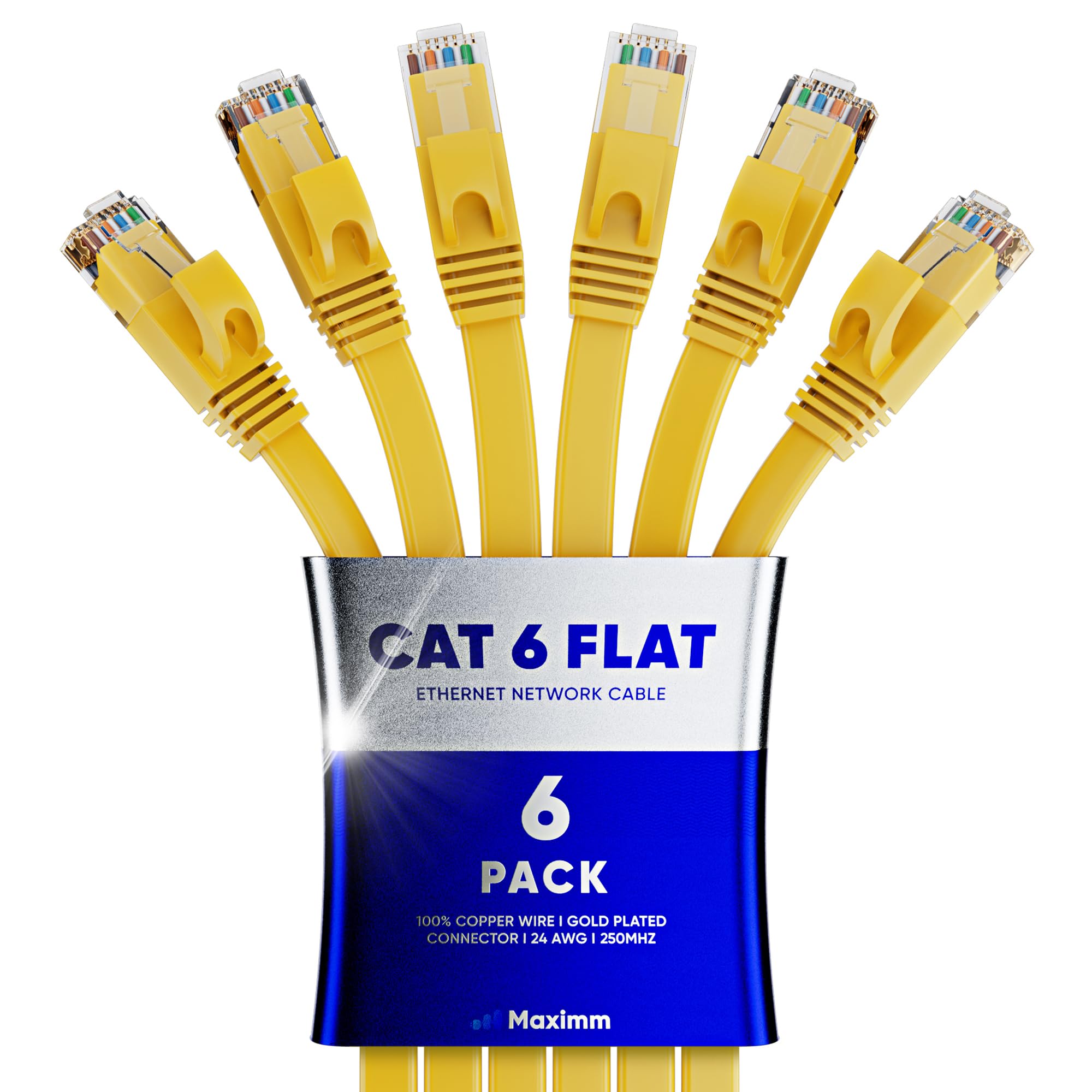 Cat 6 Ethernet Cable 15 Ft   With A Flat, Space Saving Design High Speed Internet & Network Lan Patch Cable, Rj45 Connectors   15Ft / Yellow / 6 Pack   Perfect For Gaming, Streaming, And More