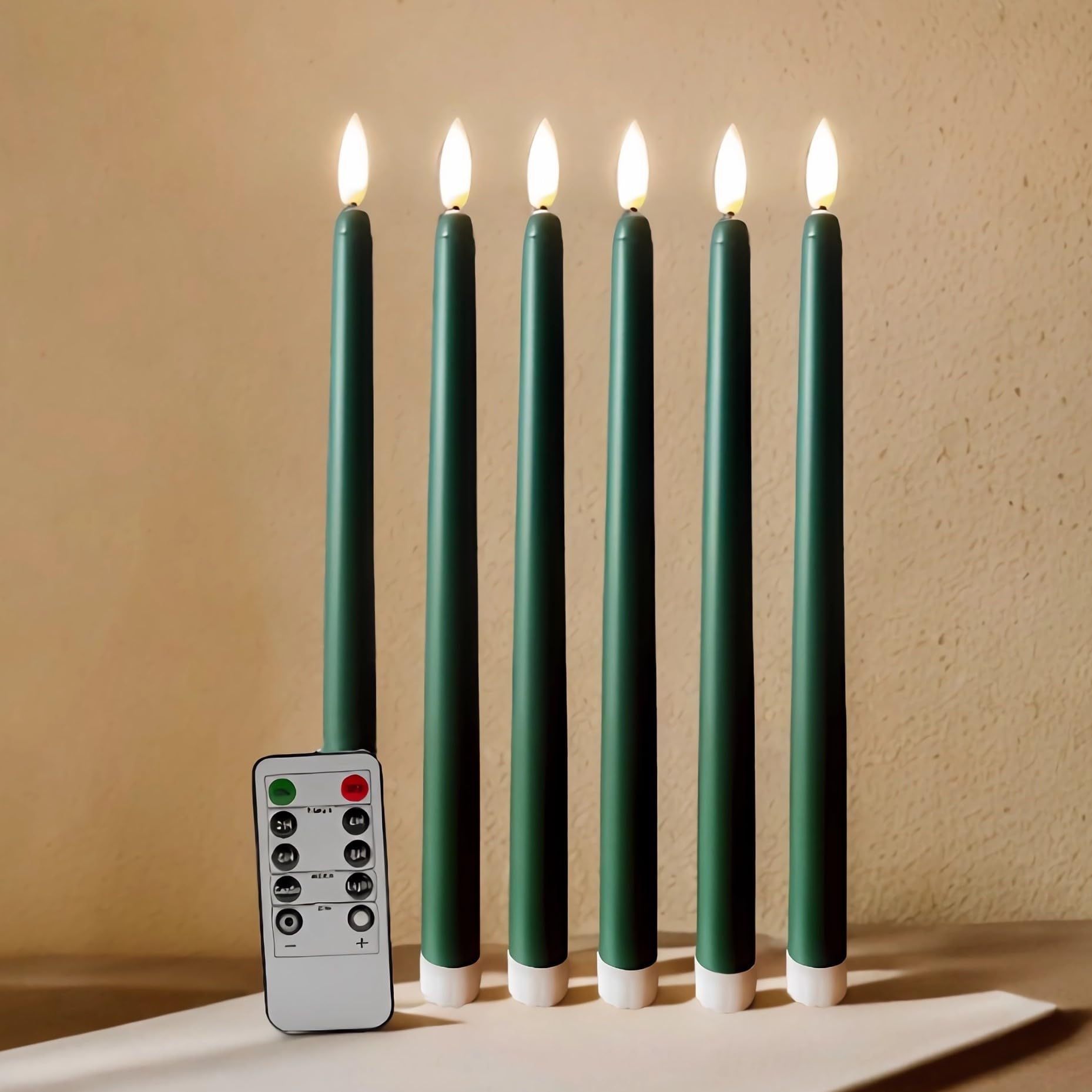 Ni Jasw Green Flameless Taper Candles With Remote Timer, Flickering Battery Led Candlesticks Set Of 6