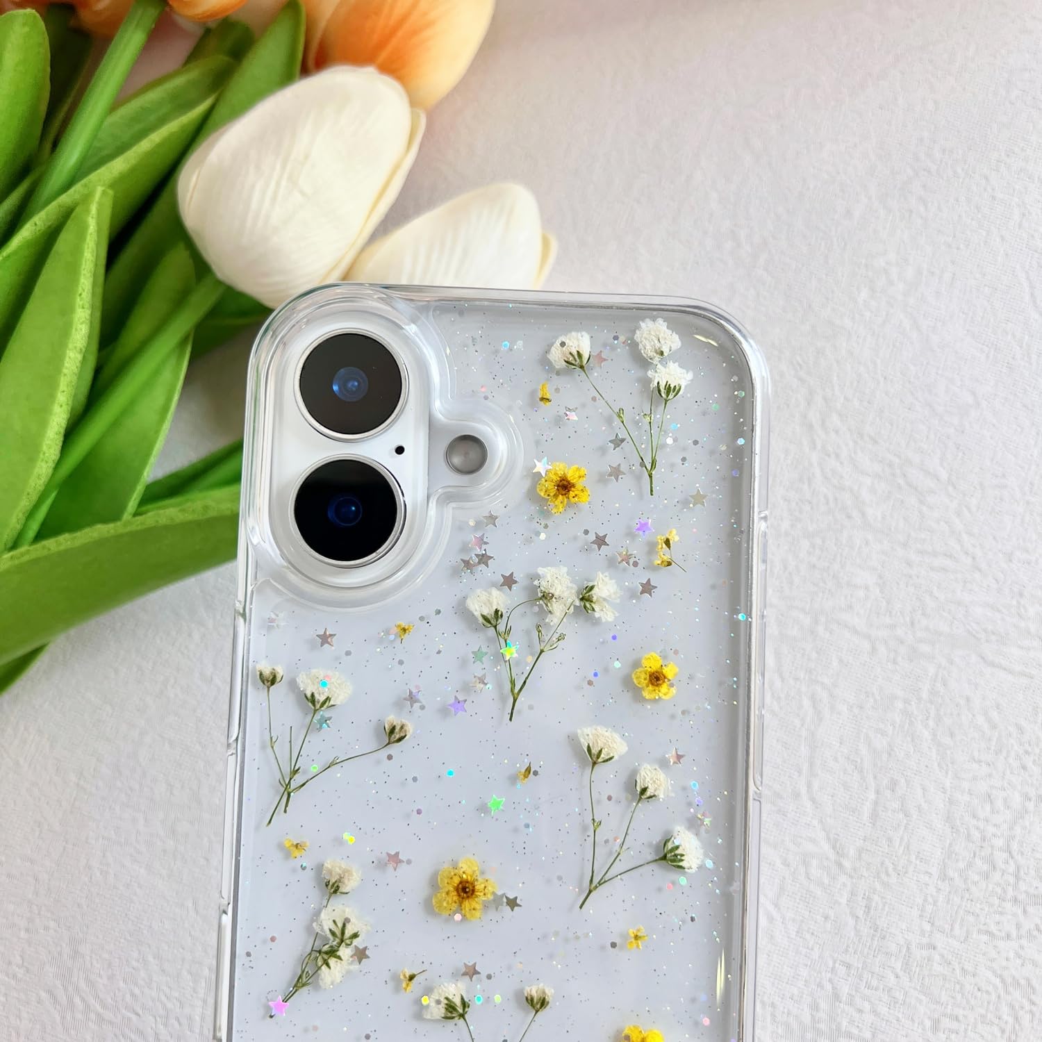 Lseeka For Iphone 16 Clear Case With Pressed Real Flowers Design,Glitter Cute Yellow Floral Pattern Slim Soft Tpu Protective Wom