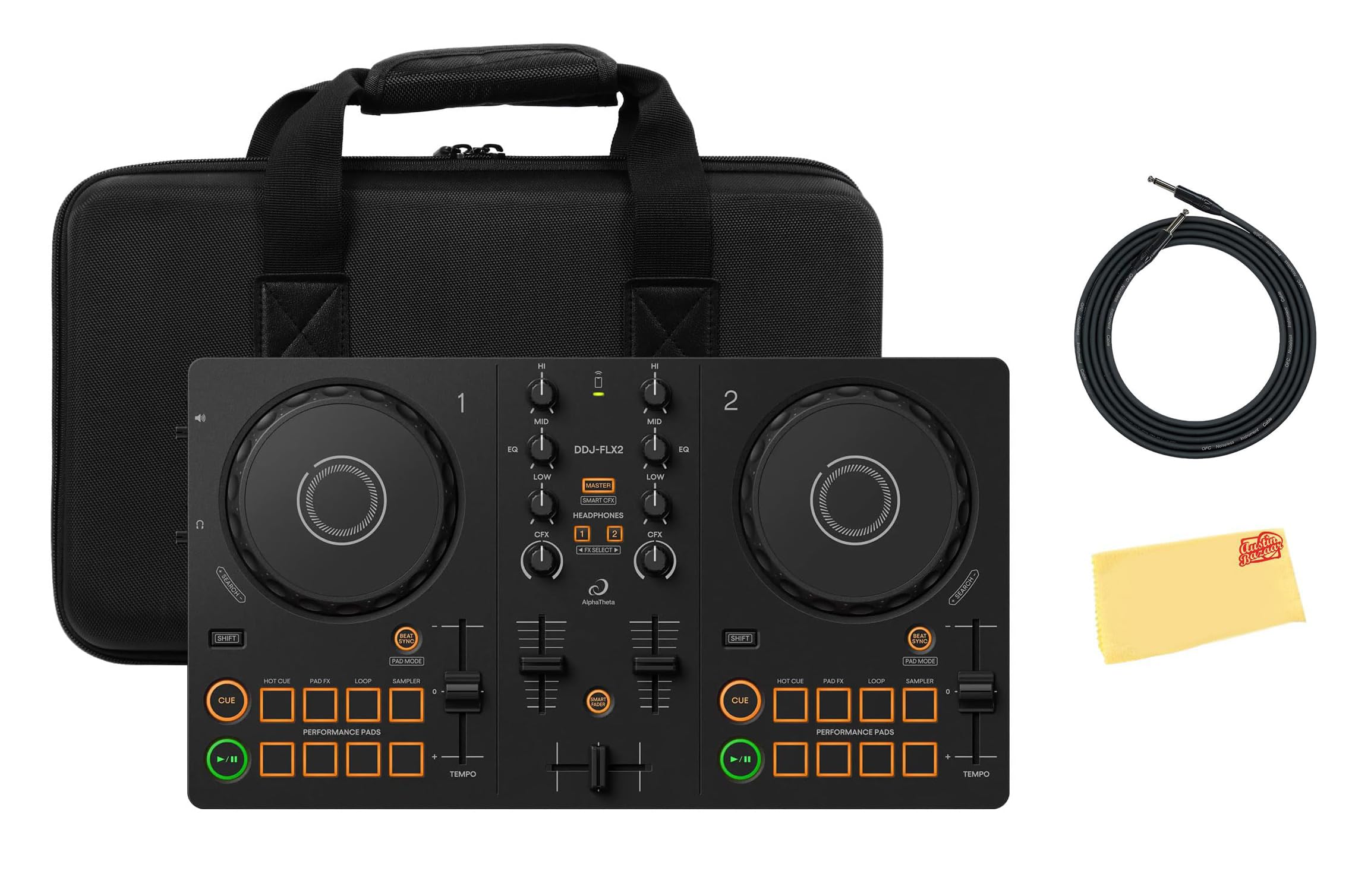 Pioneer DJ AlphaTheta DDJ-FLX2 Compact 2-Channel DJ Controller Bundle with Case, Instrument Cable, and Austin Bazaar Polishing C