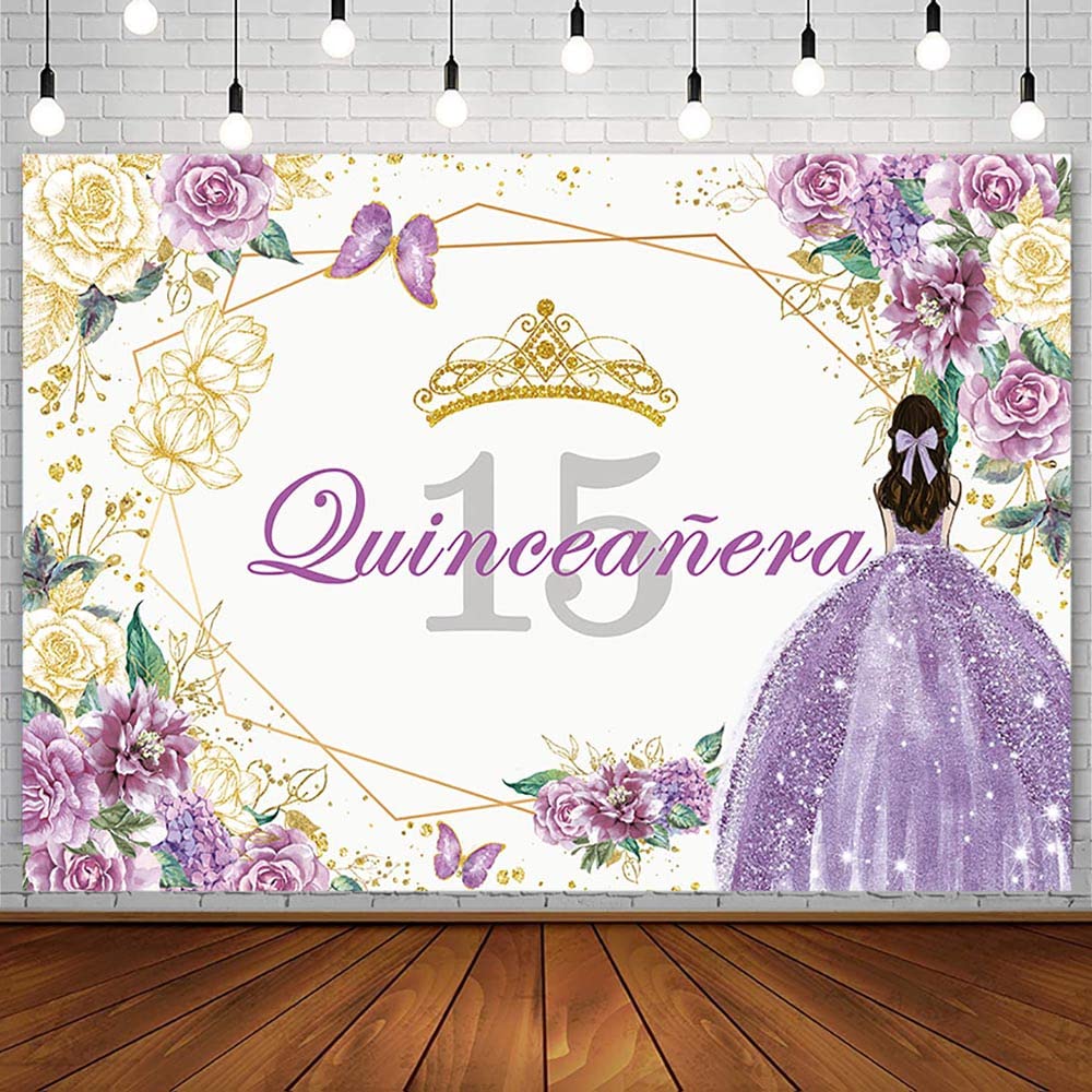 Sendy 7X5Ft Quinceanera 15Th Birthday Backdrop For Sweet Girl Mis Quince Anos 15Th Birthday Party Decorations Purple Gold Glitte