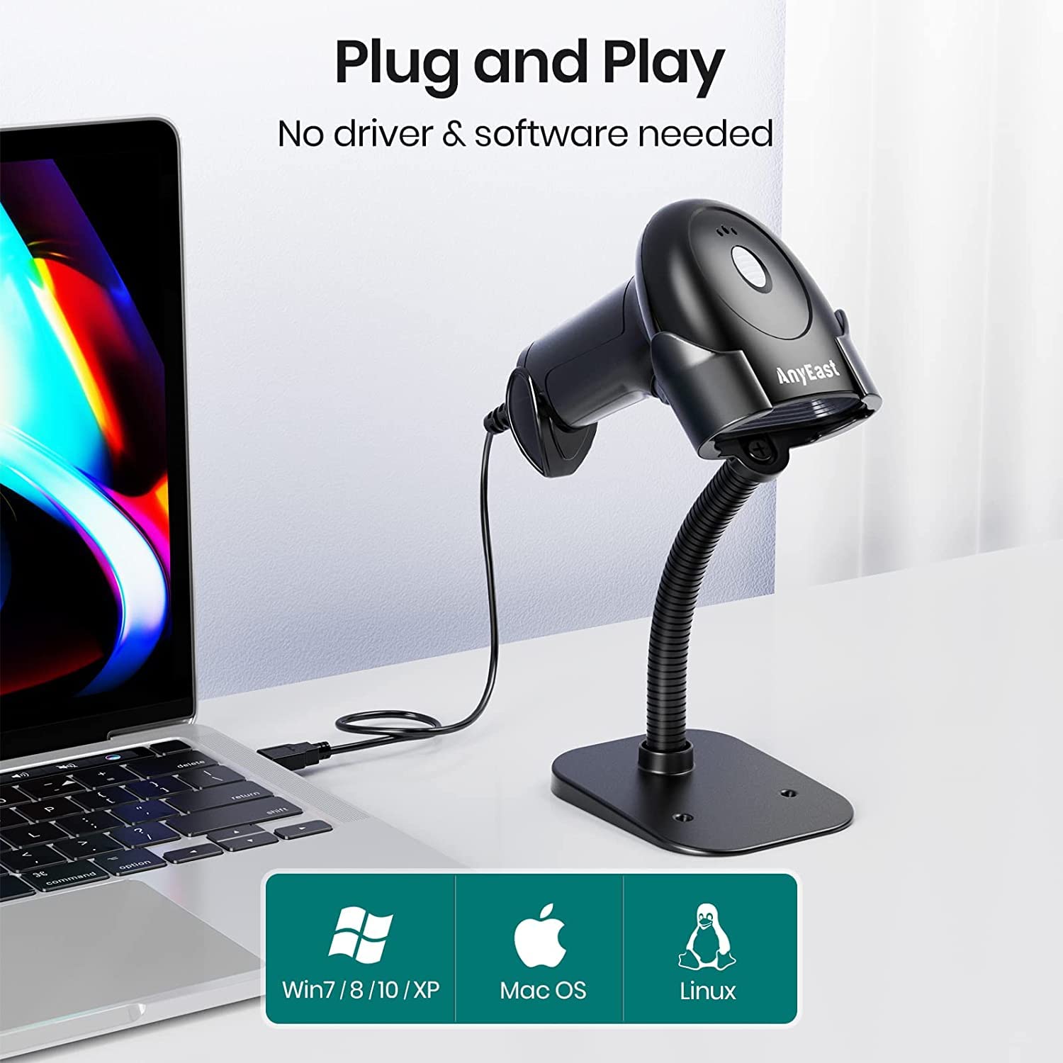 Anyeast Barcode Scanner With Stand, Usb Wired Inventory 2D 1D Qr Code Scanner For Computer Pos Mac With Automatic Screen Scannin
