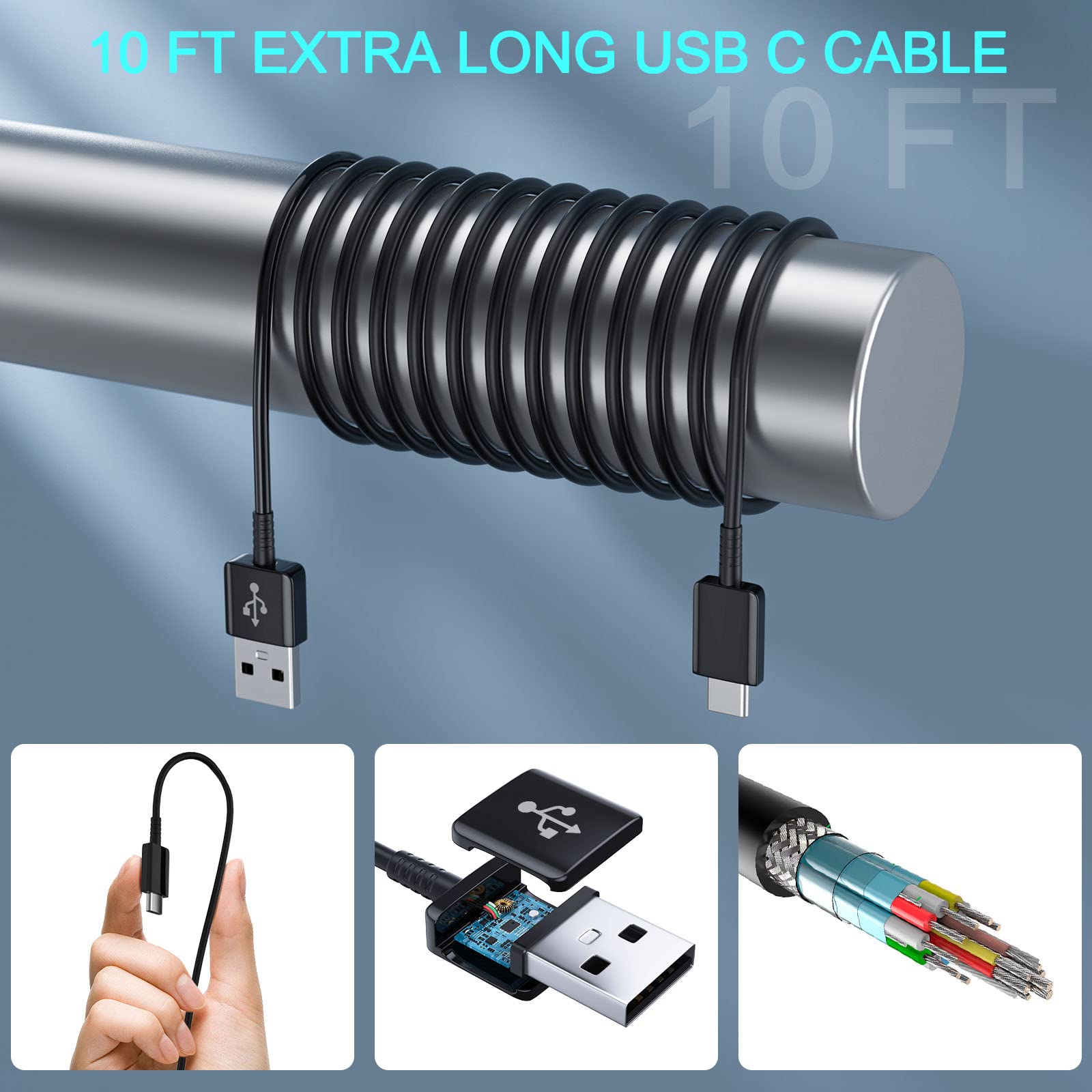 Ubearkk Type C Android Phone Charger - 10FT Fast Charging Cable, Black, 2-Pack for Samsung Galaxy S10/S20/Note 20 & More
