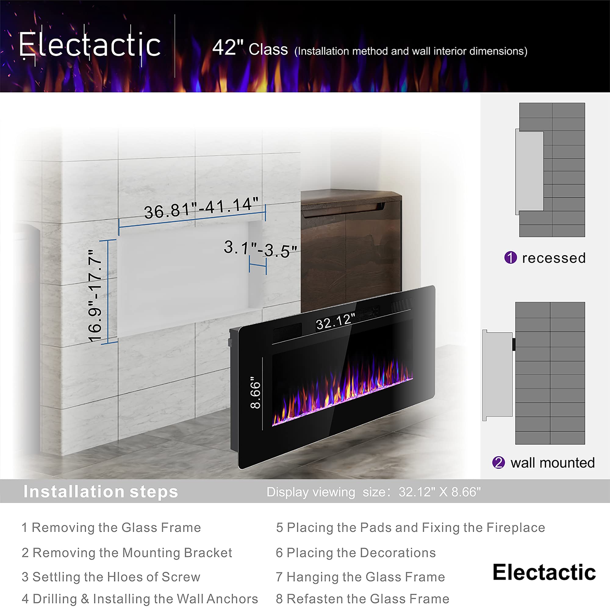 Electactic 42 Inches Electric Fireplace Recessed And Wall Mounted Electric Fireplace, Fireplace Heater And Linear Fireplace, Wit