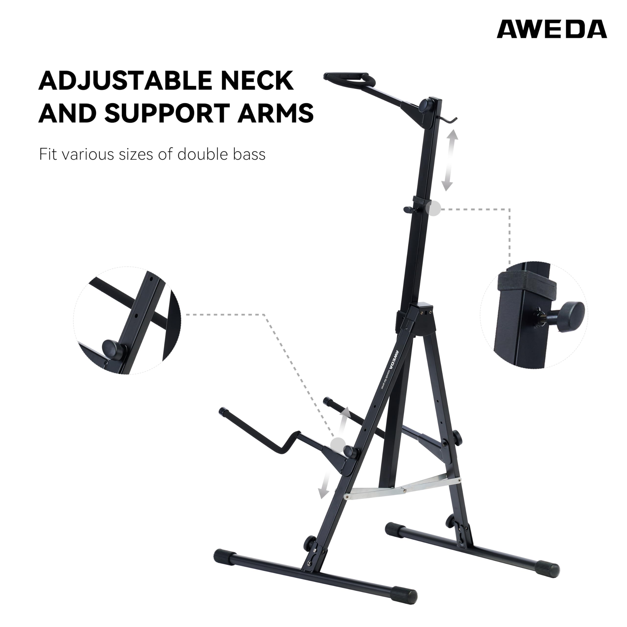 Aweda Acoustic Double Bass Stand Adjustable Neck And Support Arms Portable Cross-Bar Structure