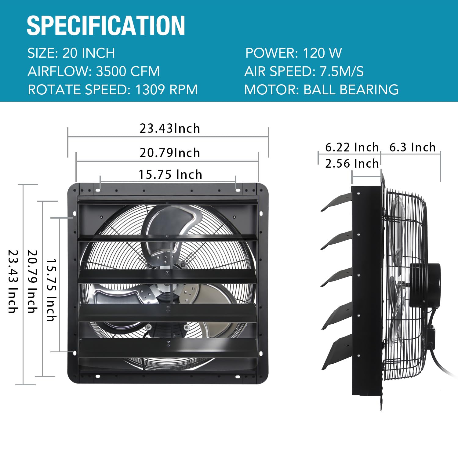 Ventisol 20 Inch Shutter Exhaust Fan Wall Mounted, Aluminum With 1.65 Meters Power Cord Kit,High Speed 3500Cfm, Ventilation Fan