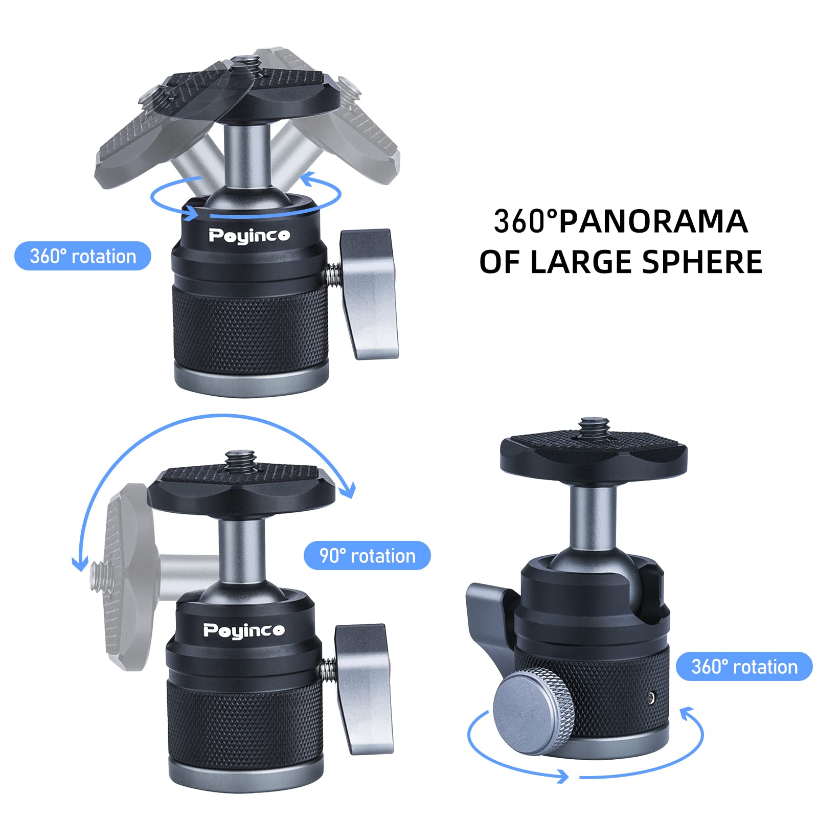 Poyinco Mini Ball Head With 1/4' Screw 3/8' Thread Mount Adapter 360 Degree Rotatable Aluminum Tripod Head For Dslr, Monopod, Phone, Gopro, Camcorder, Max Load 9.9Lbs/4.5Kg