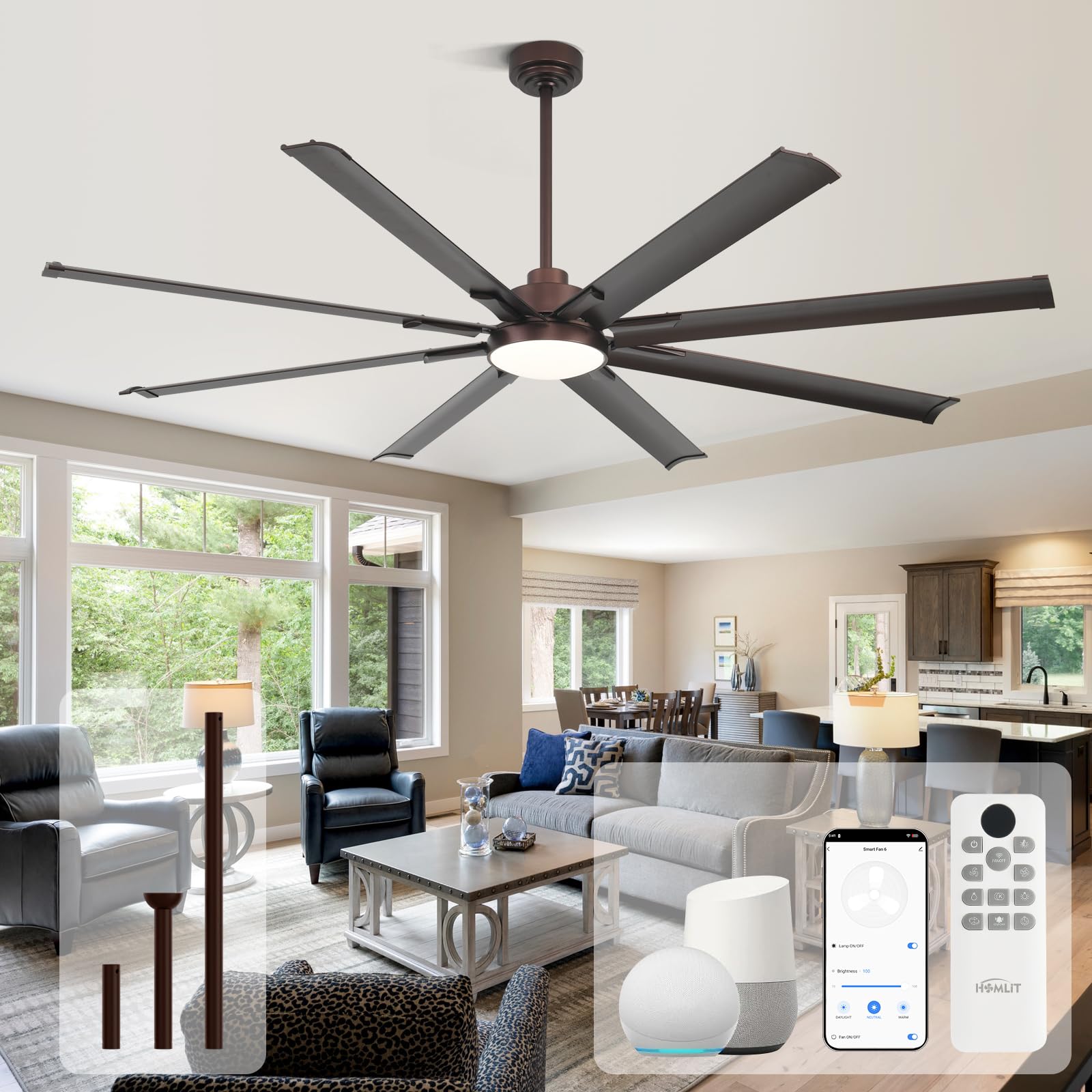 Homlit 72 Inch Ceiling Fan with Light,Industrial Ceiling Fan with 8 Black Aluminium Blades,Smart Fan Compatible with Alexa,Garag