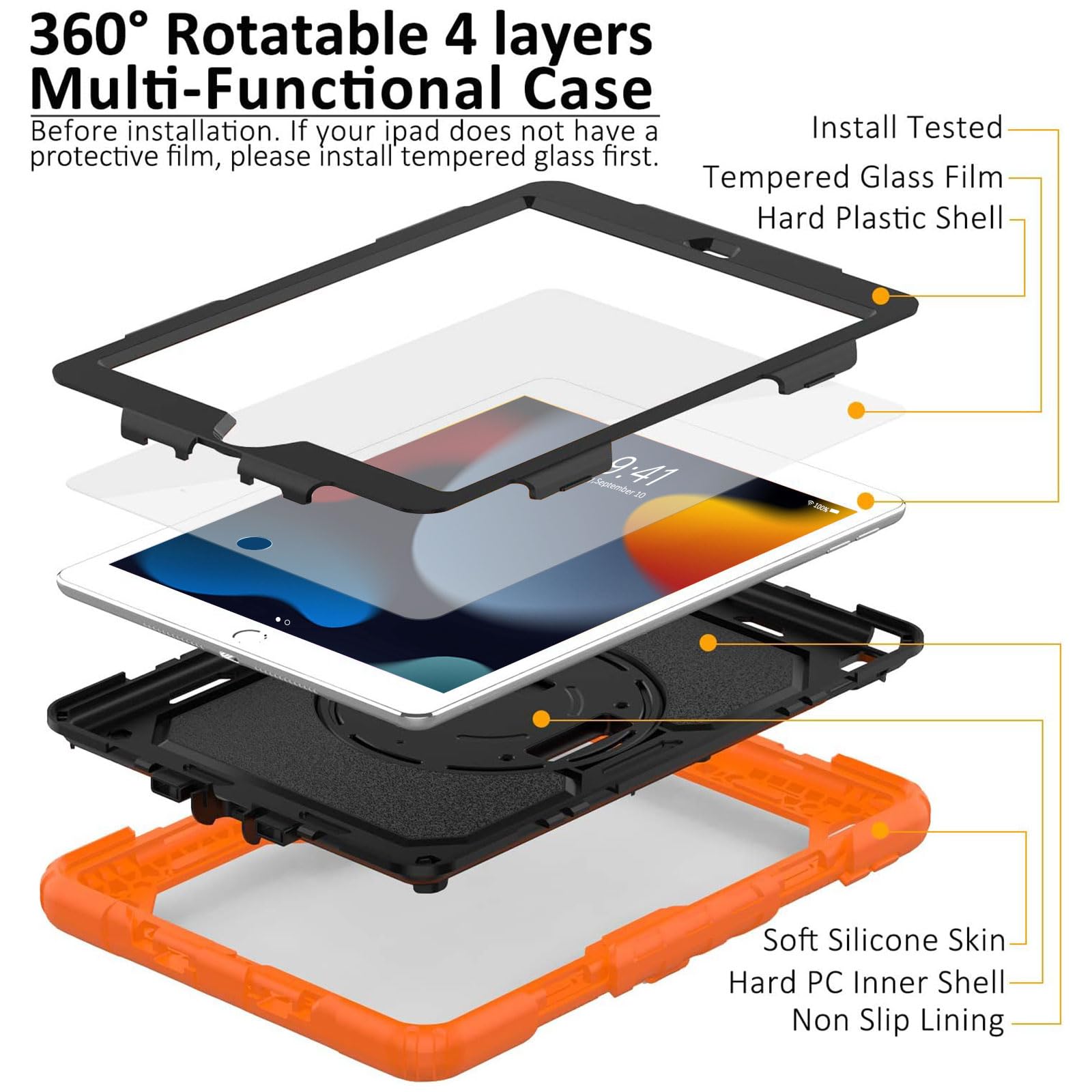 Ipad 9Th/8Th/7Th Generation Case, Ipad 10.2 Case 2021/2020/2019, [Kids Proof] Ambison Full Body Protective Case With 9H Tempered Glass Screen Protector, Rotatable Kickstand/Hand Strap (Orange & Black)