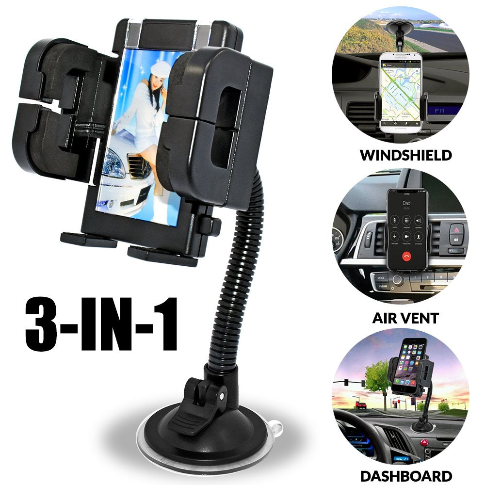 Nem Universal 3 In 1 Car Cell Phone Holder, Windshield Long Arm Phone Holder, Dashboard, Air Vent, Stand With Photo Frame For Ip