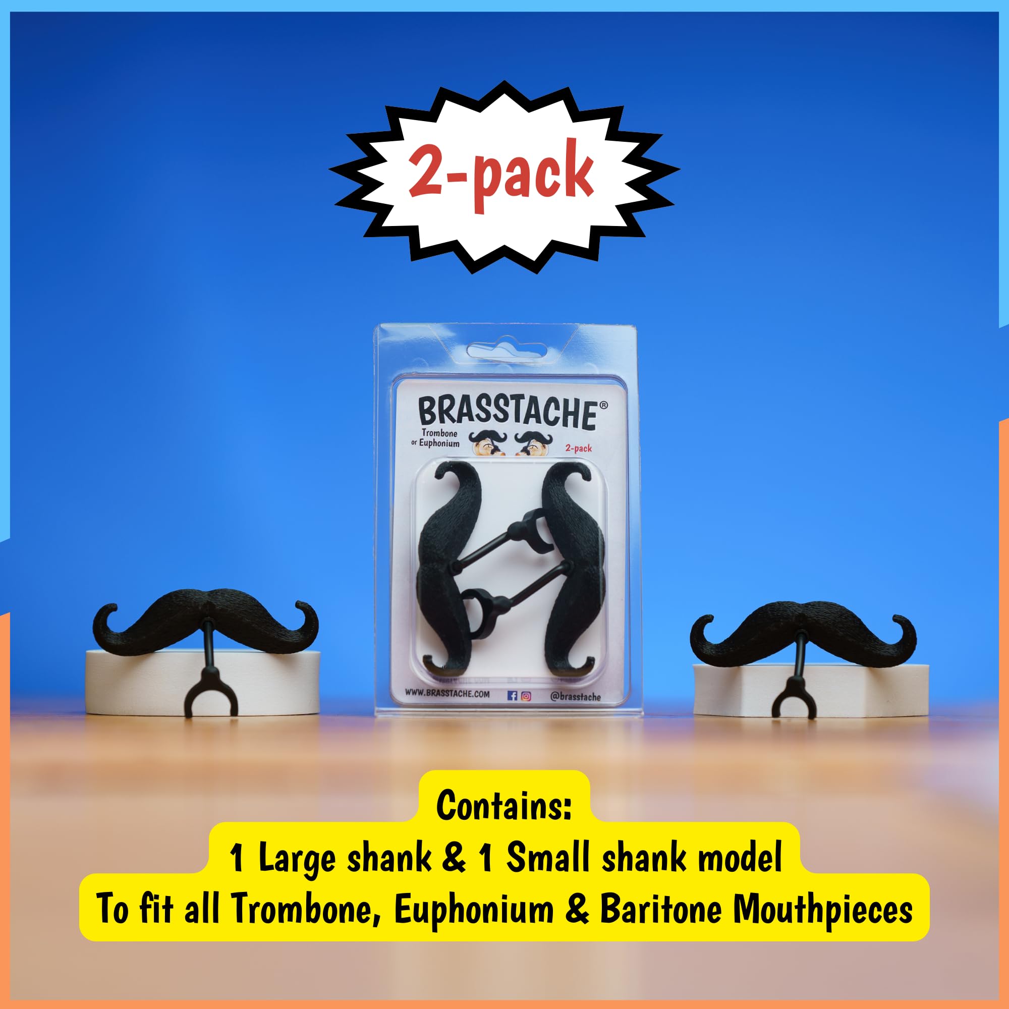 Brasstache Trombone-Stache Xl (2-Pack) - Clip-On Mustache For Small And Large Shank Trombone, Baritone, And Euphonium Mouthpiece