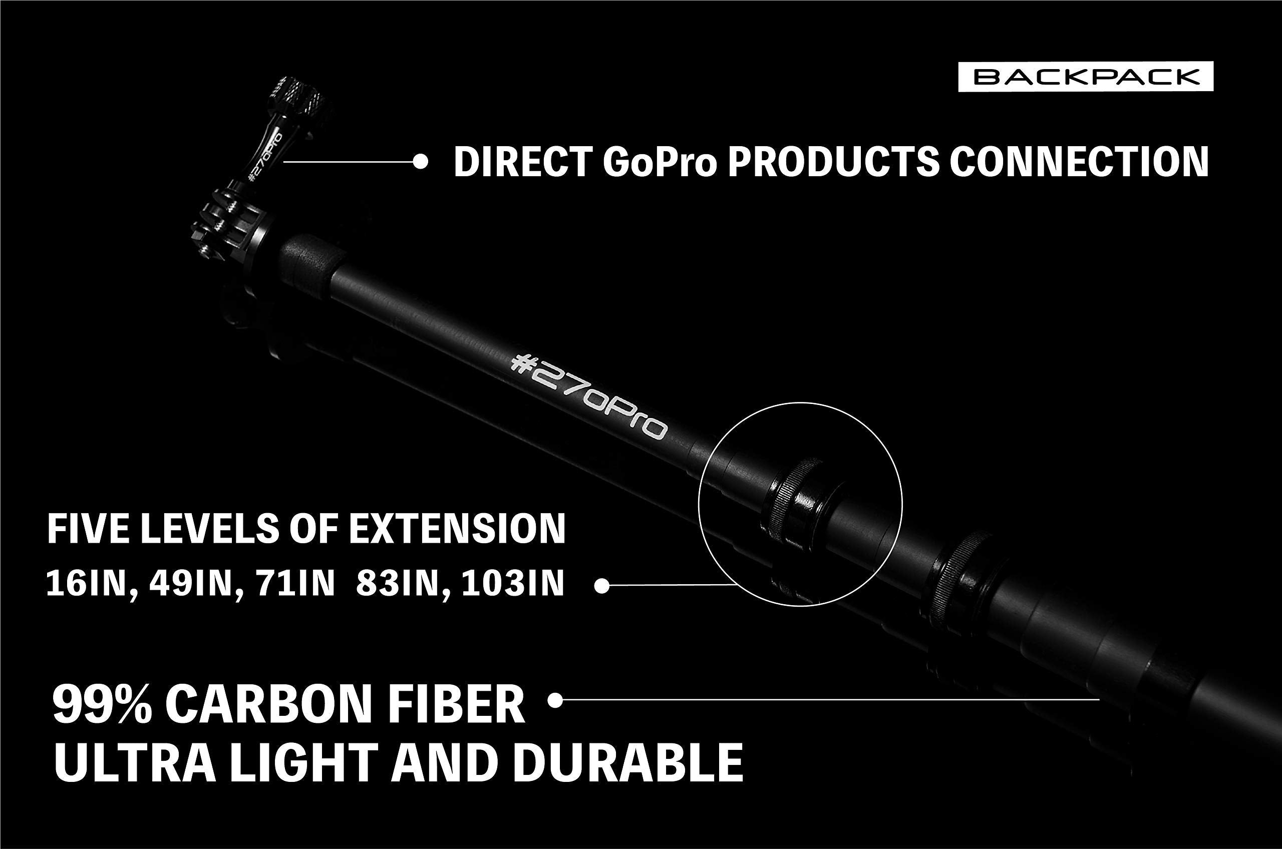 #270Pro | The Longest Selfie Stick (8.8Ft), 99% Carbon Fiber, Invisible Selfie Stick, Lightweight, Highly Portable, For Gopro /
