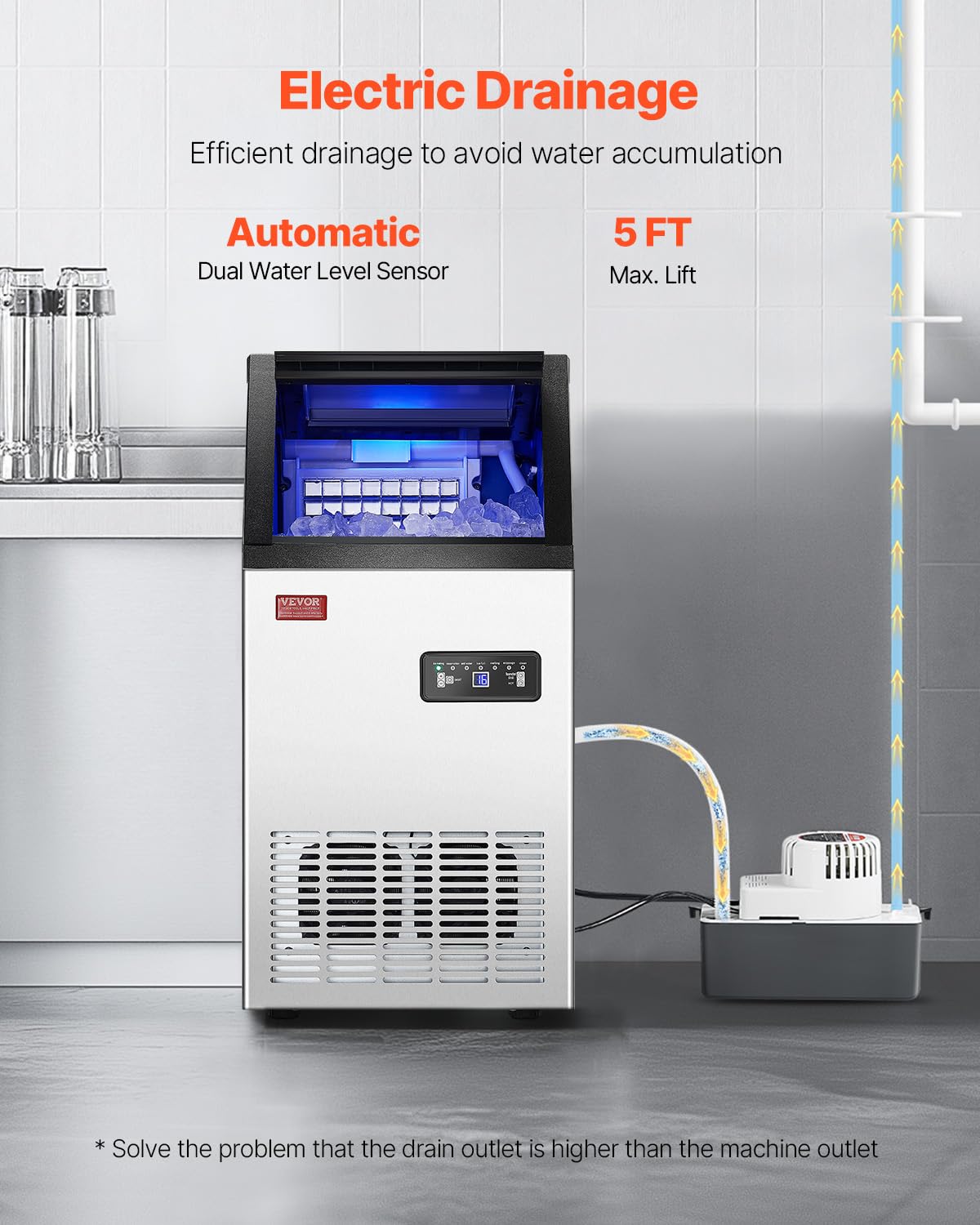 Vevor 80Lbs/24H Commercial Ice Maker Machine With Drain Pump, 28Lbs Storage Capacity Ice Maker, 36 Ice Cubes In 15 Minutes, Led