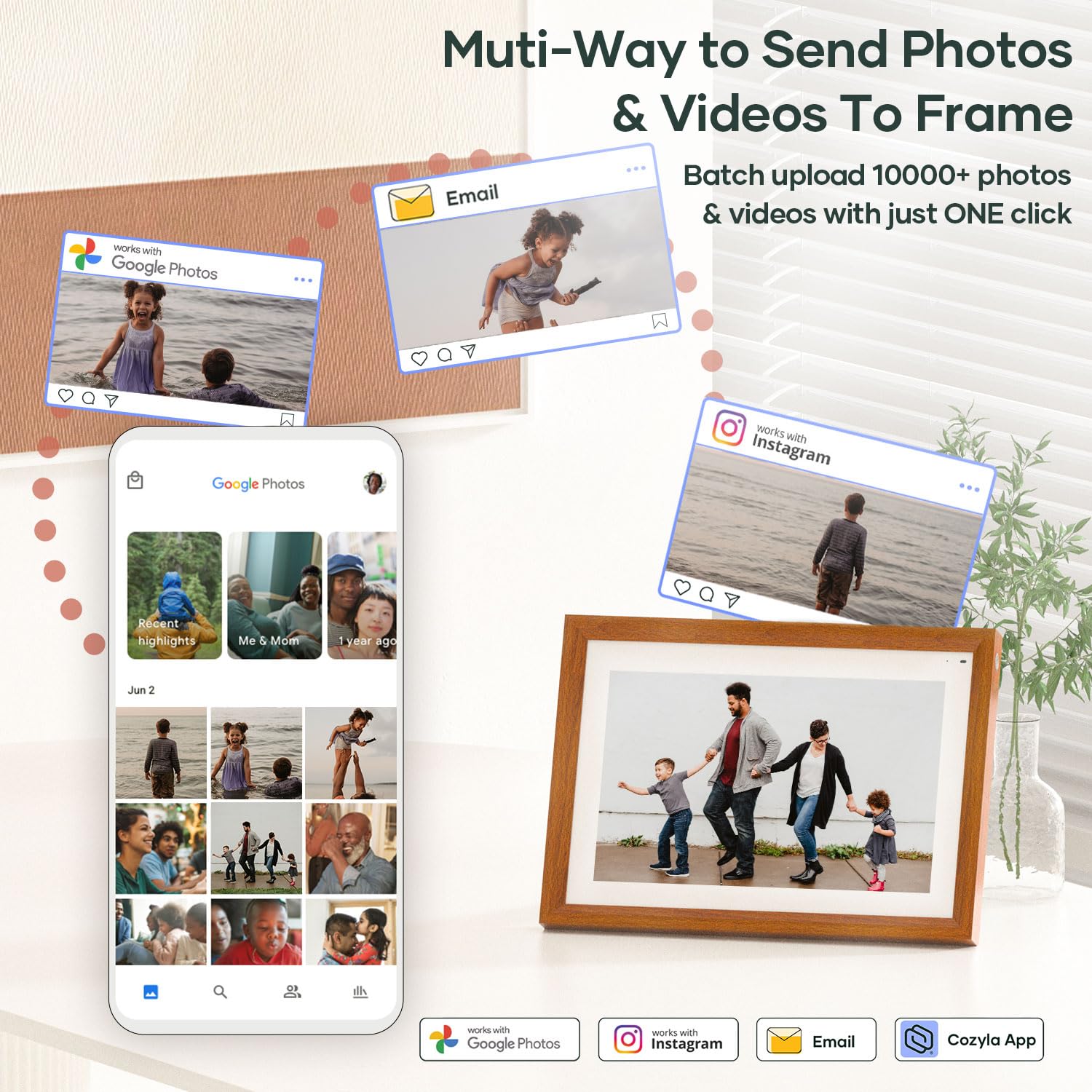 Cozyla Digital Picture Frame Multi Platform To Send Photos And Videos Via Email Google Photos Instagram Phoneapp Free Unlimited